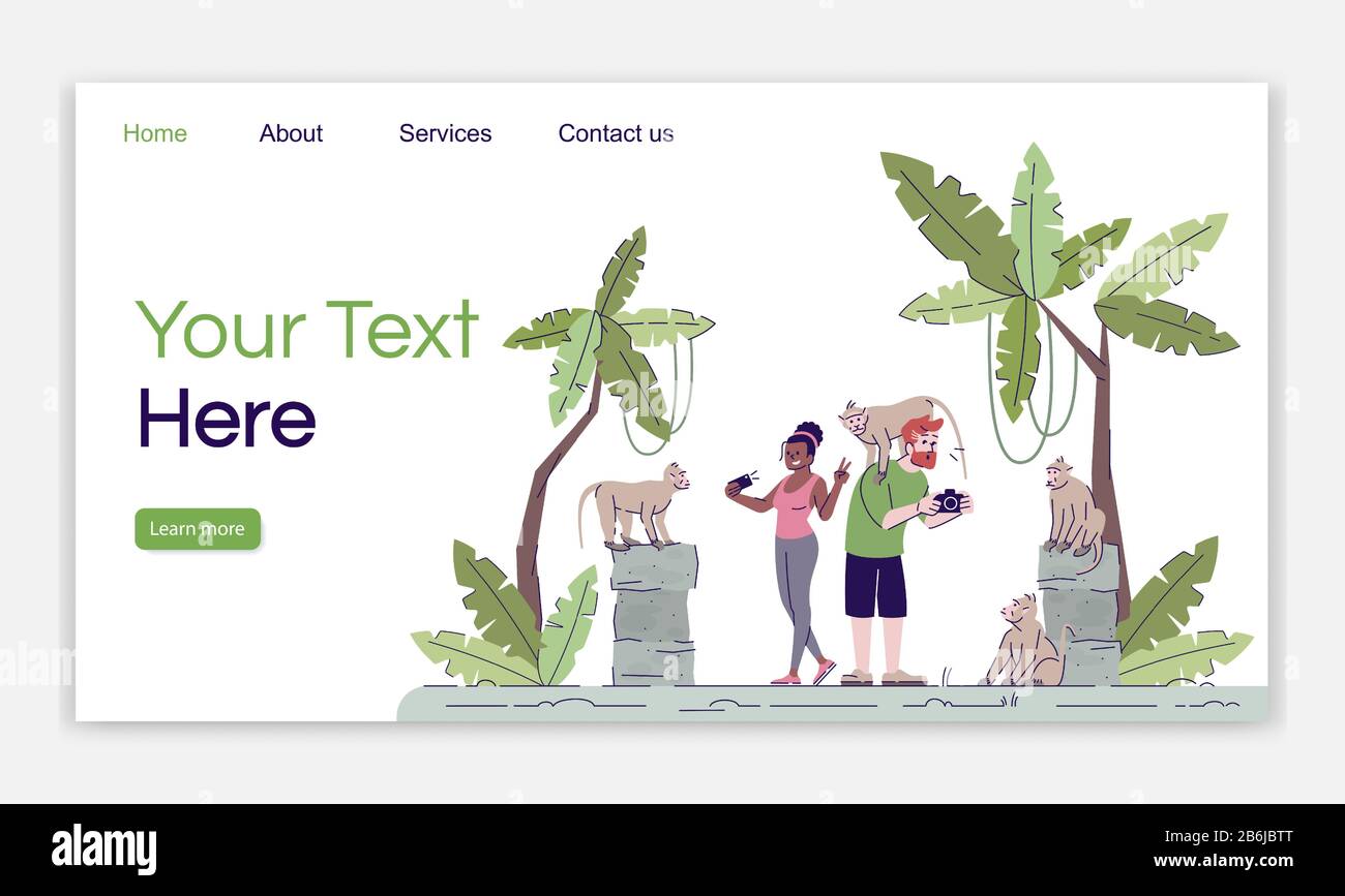 Heiliger Affenwald auf Bali Landing Page Vektorvorlage. Indonesien-Tourismus. Touristen, die Fotos machen Website Schnittstelle Idee mit flacher Illustration Stock Vektor