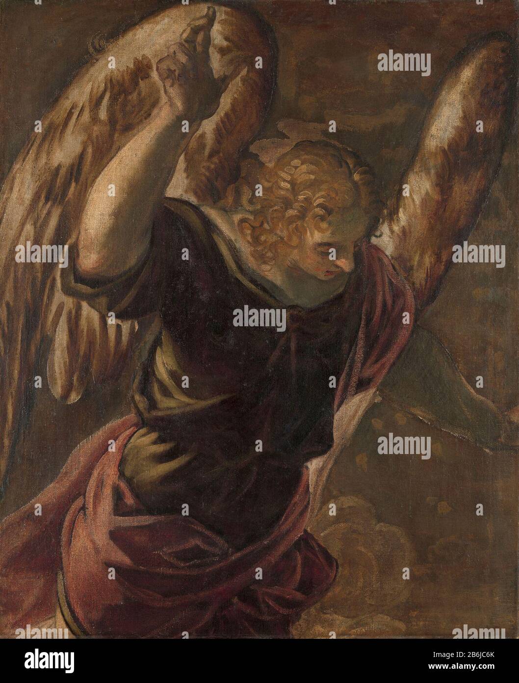 Der Verkündigungsengel SK-A-3986 Engel der Verkündigung, Halbfigur mit erhobenem rechten Arm. Dekorationsfragment einer Orgel aus San Benedetto in Venedig. Anhänger von SK-A-3987. Hersteller : Maler: Jacopo Tintoretto dating: 1560 - 1585 Physikalische Eigenschaften: Öl auf Leinwand Material: Stofföl Abmessungen: Träger: H 115 cm. B × 93 cm. Betrifft: Die Verkündigung: Maria Benthische, normalerweise lesend, wird vom Engel besucht (manchmal hört eine Frau das Gespräch) Stockfoto