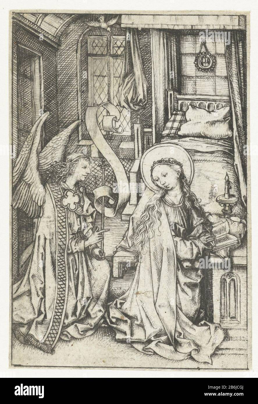 Die Proklamation Maria kniet vor einem ur-dieu mit einem Gebetbuch und einer brennenden Kerze. Hinter seinem Engel mit einer knienden Banderole. Über ihren Köpfen der Heilige Geist als Taube. Im Zimmer ein Hemelbett. Hersteller : Druckmaschinenmeister Meister des Amsterdamer Kabinetts Nach eigenem Entwurf: Meister des Amsterdamer Kabinetts Ort Herstellung: Deutschland Datum: 1478 - 1482 Physikalische Merkmale: DRYPOINT Material: Papiertechnik: DRYPOINT Abmessungen: Blatt: H 129 mm × W 87 mmToelichtingunicum, sehr gutes Druk Thema: Die Ankündigung: Maria kniet christliche Religion (+ Heiliger Geist (als Taube)) Bett mit Tester Stockfoto