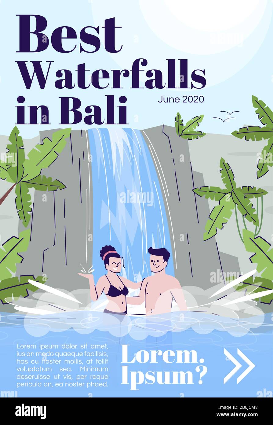 Best-Wasserfälle in Bali Magazin Titelvorlage. Touristen im Pool. Indonesien-Tourismus. Taschenaufsteckdesign. Vektorseitenlayout mit flachem Zeichen Stock Vektor