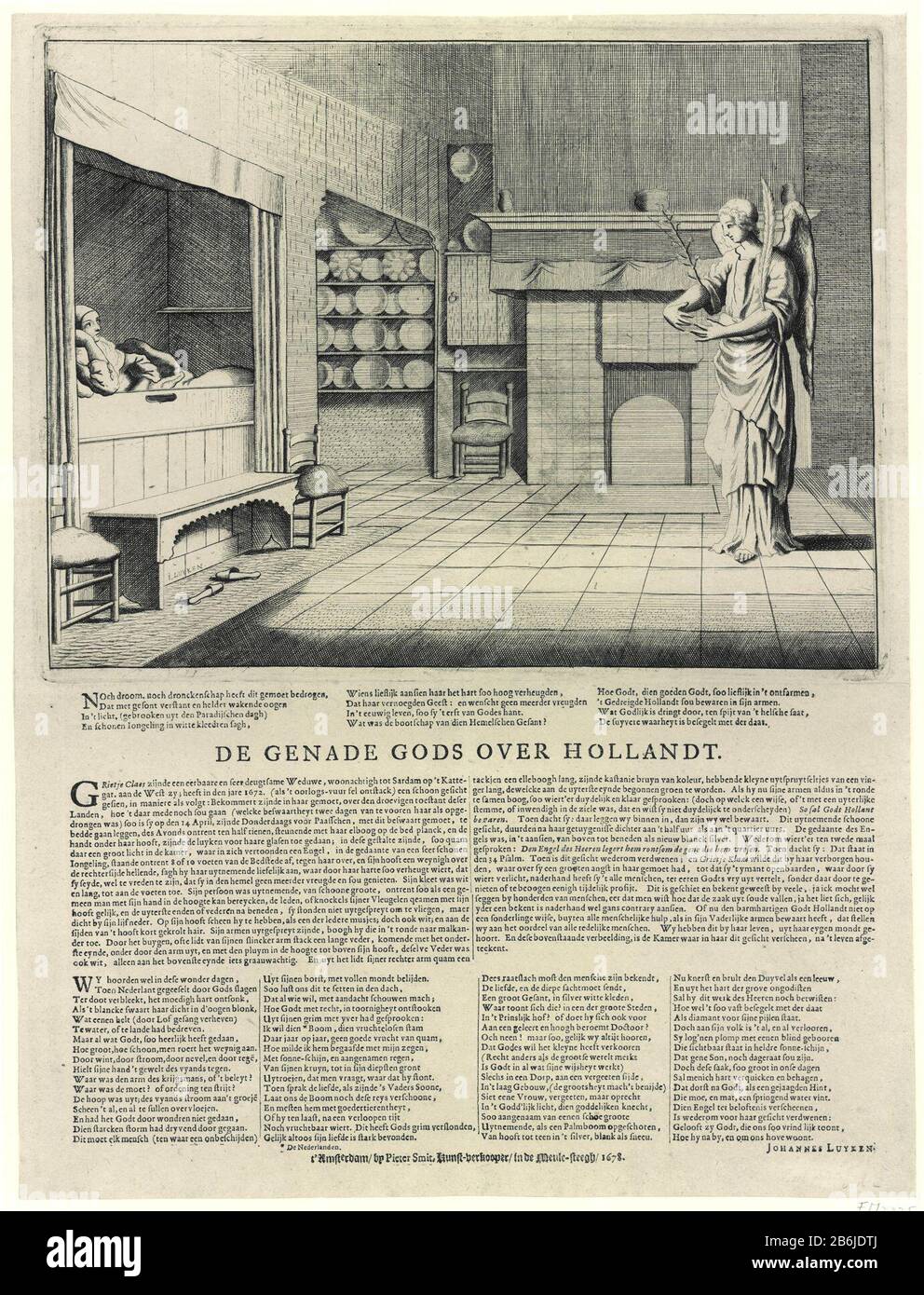 Der Auftritt eines Engels an Gretel Claes Zaandam, 1672 Die Gnade Gottes auf Hollandt (Titelobjekt) einen Engel Gretel Claes (oder Harry), eine tugendhafte Witwe li in Zaandam, Am 14. April 1672. Die Aufführung zeigt ein Interieur mit dem Aussehen des Engels für die Frau, die sich in ihrem Nischen befindet. Angel versichert der Frau, dass Gott die Niederlande bewahren werde. Unter der Show eine Beschreibung des Ereignisses und zwei Verzen. Hersteller : Druckerhersteller Jan Luyken (Listed Property) Autor Jan Luyken (Listed Building) Herausgeber: Peter Smith (Listed Property) Ort Herstellung: Druckmaschine: Northern Netherlands Publ Stockfoto