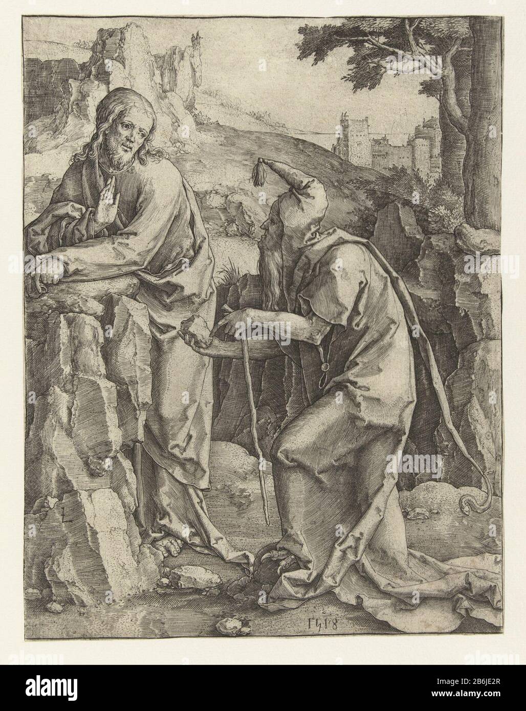Die Versuchung Christi und des Teufels als alter Mann mit Gehstock und Stein in der Hand. Hersteller : Druckerhersteller Lucas van Leyden nach eigenem Entwurf: Lucas van Leyden Ort Herstellung: Niederlande Datum: 1518 Abmessungen: Fahrzeugmaterial: Papiertechnik: Engra (Druckverfahren) Abmessungen: Blatt: H 173 mm × W 133 mm Betreff: Christus, manchmal Begleitet von Schutzengel (en), verlockt von Satan, der Normalerweise in menschlicher Gestalt Erscheint Stockfoto