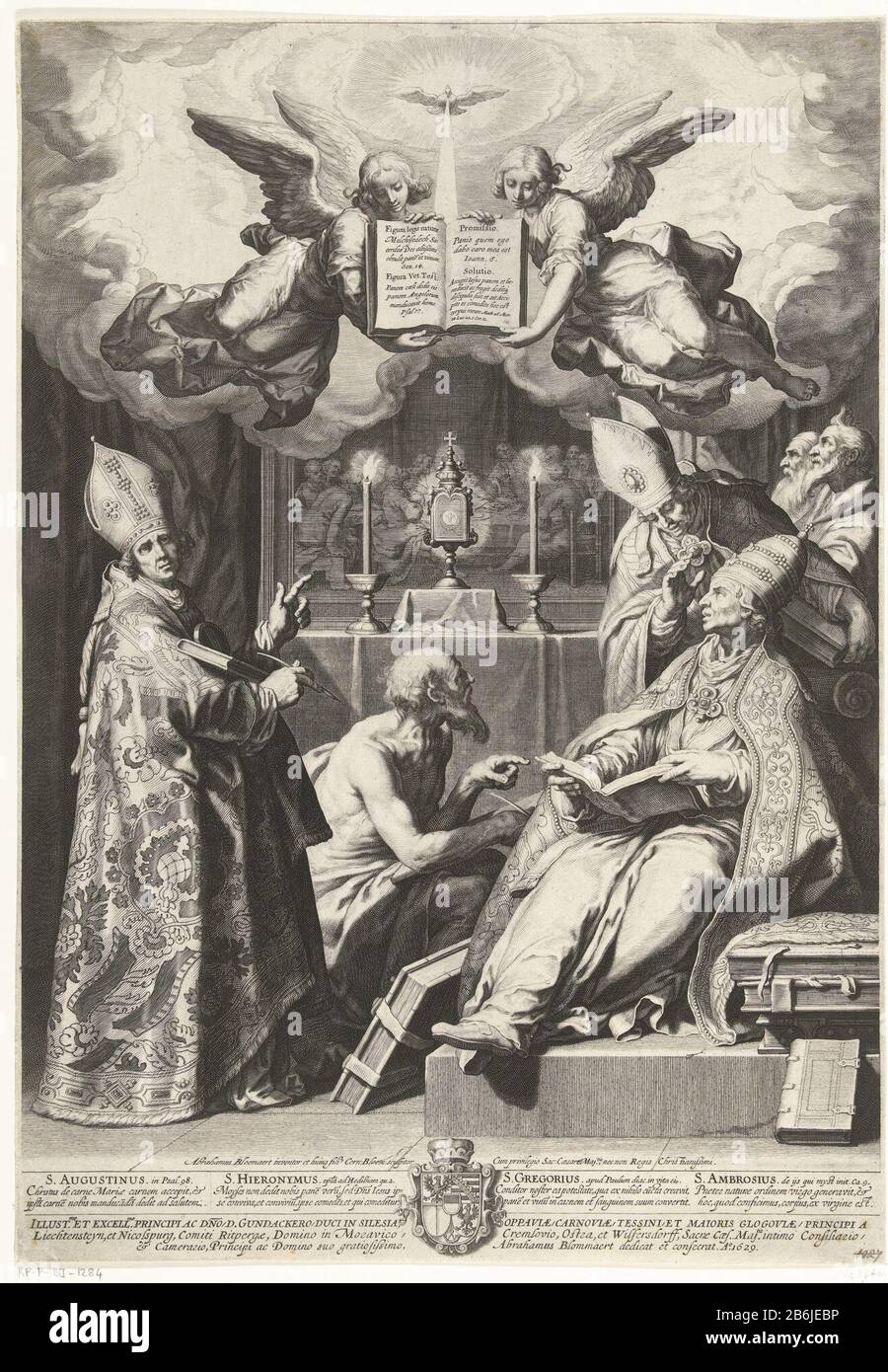 Die vier Kirchenväter Vier lateinische Väter - die Heiligen Augustinus, Jerome, Gregor und Ambros - sitzen vor einem Altar und diskutieren über die Eucharistie. Darüber schweben zwei Engel, die ein Buch mit Bibelversen halten. Unter dem Bild ein Kirchenvater einen entsprechenden Bibelvers in Latijn. Hersteller : Druckhersteller Cornelis Bloemaert (II) (denkmalgeschütztes Gebäude), entworfen von Abraham Bloemaert (denkmalgeschütztes Gebäude), Verleger Cornelis Bloemaert (II) (zugeschrieben) im Auftrag von Abraham Bloemaert (denkmalgeschütztes Gebäude) gewidmet: (Denkmalgeschütztes Eigentum) Herstellung: Utrechter dating: 1629 Physische Merkmale: Automatte Stockfoto