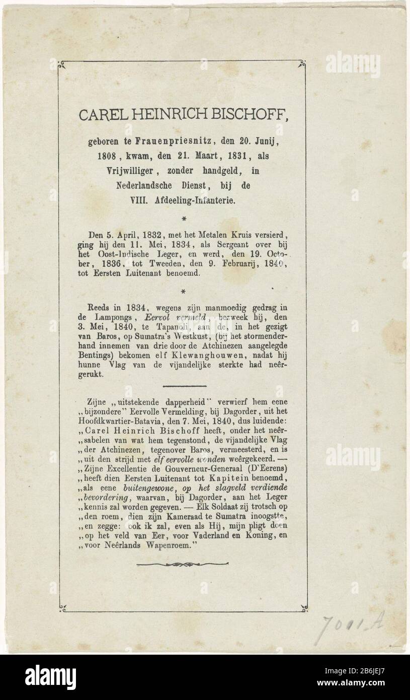 Flagge Atchinezen bei Baros erobert, Fahne von 1840 Atchinezen, bei Baros gewann im Jahr 1840 (Titelobjekt) Doppelfalzblatt auf den Innenseiten zwei Bilder innen und außen einer Fahne oder eines Banners, die bei Baroes während des Feldzugs gegen den Aceh-Militärbefehlshabers Al-Iskander, um 1840 gefangen wurde. Aceh-Flagge mit Mond und krummen schweren d und Beschriftungen in arabischer Sprache. Auf der Vorderseite der Zeitschrift die Geschichte von der Eroberung der Fahne durch Carel Heinrich Bischoff und dessen Tod am 3. Mai 1840. Auf der Rückseite eine Beschreibung der Fahne und der Schriften. Hersteller: Zur Zeichnung von Abraham Wilhelm Theodorus Juynbol (denkmalgeschütztes Objekt) Stockfoto