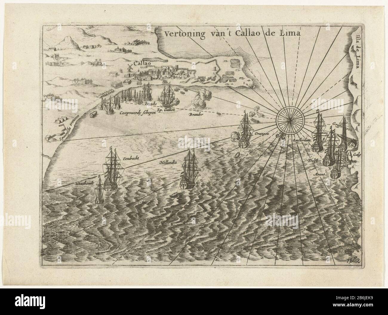 Die Flotte ankerte in Callao, 1624 Anzeige von 't Callao de Lima (Titelobjekt) die Flotte, die in Callao in Lima, Peru, Mei-Juni 1624, im Hafen von spanischen Handelsschiffen vor Anker lag. Teil der Abbildungen im Bericht der Reise zur Welt der Nassauischen Flotte unter Jacques l'Hermit, 1623-1626, Nr. 2. Hersteller: Druckmaschine: Anonym zu drucken durch: Anonyme Standortfertigung: Nordniederland Datum: 1644 - 1646 Physikalische Eigenschaften: Ätzungs- und Engra-Material: Papiertechnik: Ätzung/Engra-Messungen (Druckverfahren): Plattenkante: H 160 mm × W 210 mmToelichtingOorspronkelij Stockfoto