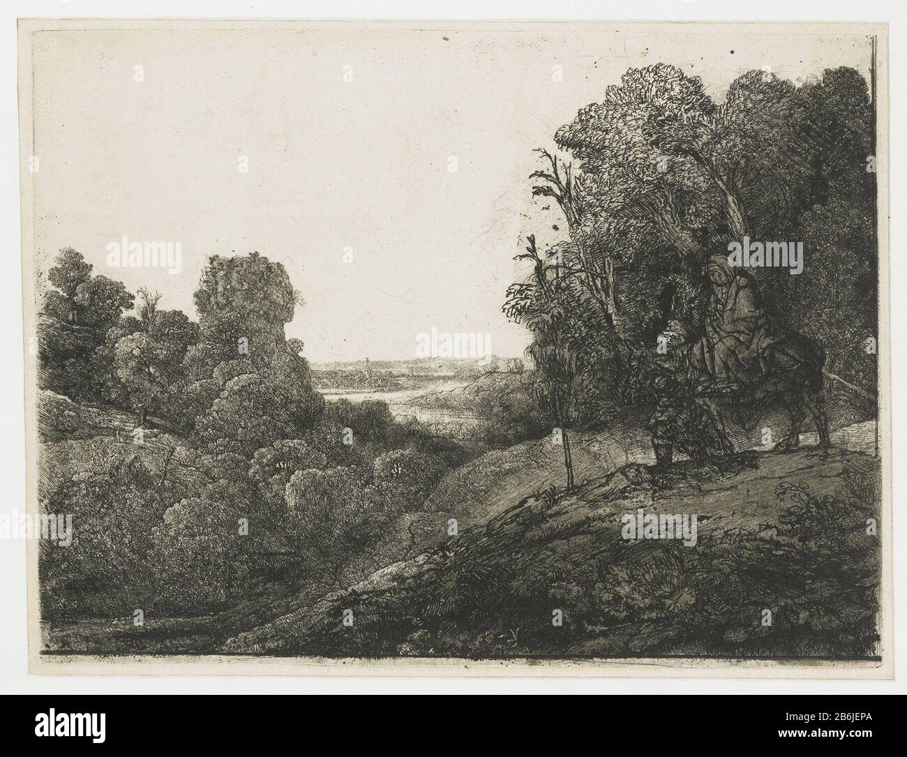 Der Flug nach Ägypten auf einem Schild von Seghers Der Flug nach Ägypten auf einem Teller Seghers Immobilientyp: Bild Artikelnummer: RP-P-ob-114 Catalogusreferentie: New Hollstein Dutch 271-4 (6) Bartsch 56-4 (7) Hollstein Dutch 56-4 (7) Markierungen / Marken: Sammlermarke, unten links Verso, gestempelt: Lugt 240ophrift, hinten links, Stift in Braun: '6. Diny 'Manufacture Vervaardiger: Printer Maker: Rembrandt van Rijn Print Maker: Hercules Segers To Own Design of Rembrandt van Rijn Date: 1651 - 1655 Physical characteristics: (?) Radierung, Trockenpunkt und Burijn Material: Papiertechnik: Radierung / Trockenpunkt / Burij Stockfoto