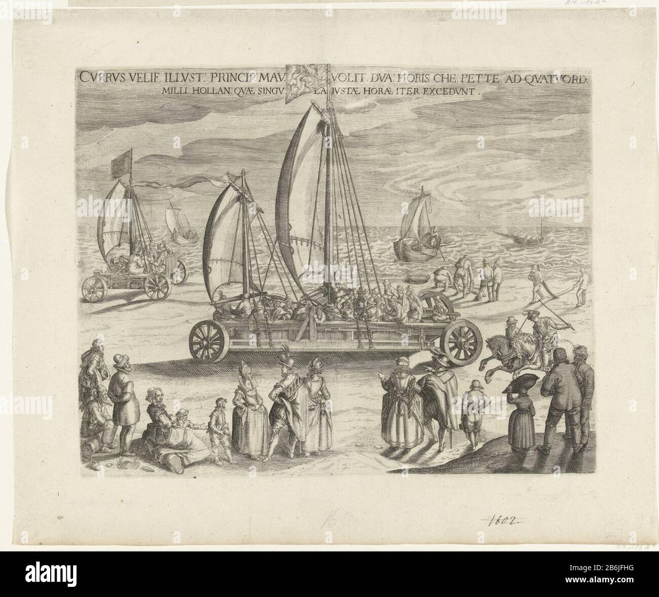 Der gyachende Simon Stevin, 1602 Currus velif Illustration Princip Mau voli excedunt (Titelobjekt) Den gyachenden Simon Stevin, 1602. Prinz Maurice, zusammen mit einer Gruppe von Freunden eine Fahrt am Strand von Scheveningen nach Petten in der Sandyacht, die von Simon Stevin April-Mai 1602 gebaut wurde. Ein kleines Jachten, Wo: Scheinbar ein Prototyp, mit einigen Menschen an Bord. Am Strand diverse elegante Zuschauer und ein paar Fischer. Ohne die deutschen Texte unter Plaat. Hersteller: Druckmaschine: Anonym zu drucken von Willem Isaacsz. Des Designs von Swanenburg An: Jacob de Gheyn (II) Datum: 1603 - 1649 Physic Stockfoto