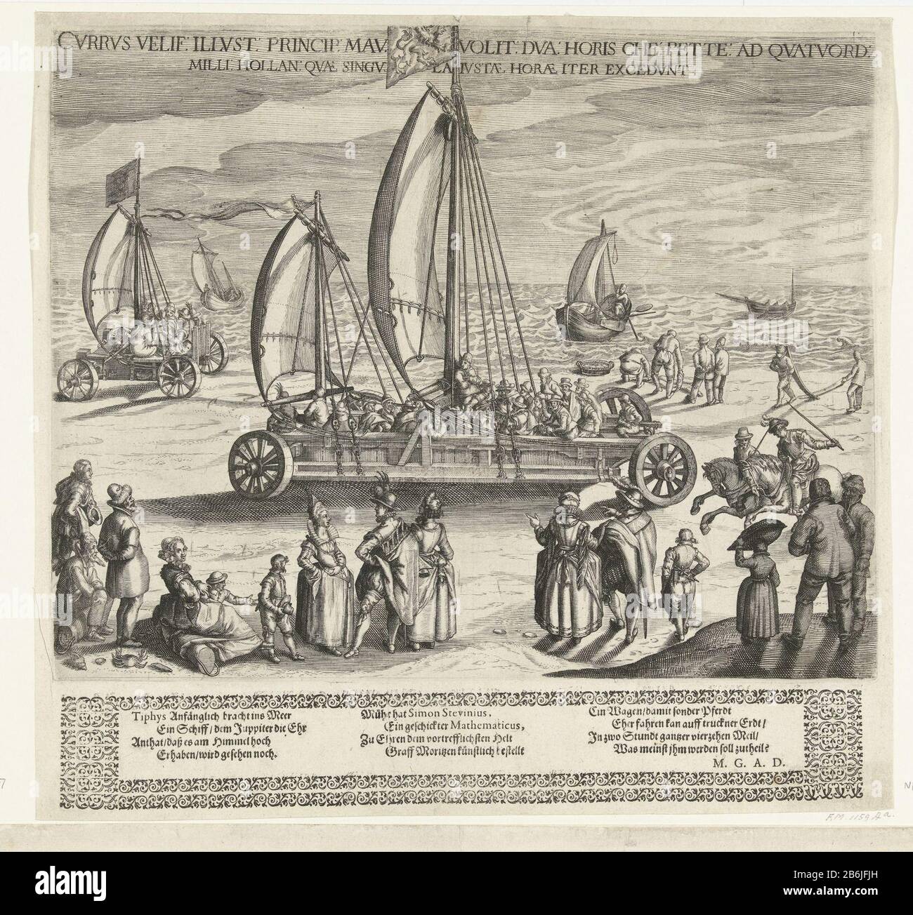 Der gyachende Simon Stevin, 1602 Currus velif Illustration Princip Mau voli excedunt (Titelobjekt) Den gyachenden Simon Stevin, 1602. Prinz Maurice, zusammen mit einer Gruppe von Freunden eine Fahrt am Strand von Scheveningen nach Petten in der Sandyacht, die von Simon Stevin April-Mai 1602 gebaut wurde. Ein kleines Jachten, Wo: Scheinbar ein Prototyp, mit einigen Menschen an Bord. Am Strand diverse elegante Zuschauer und ein paar Fischer. Im folgenden sind drei Verse mit vier Zeilen in deutscher Sprache in einem dekorierten kader abgedruckt. Hersteller: Druckmaschine: Anonym zu drucken von Willem Isaacsz. Von Swanenb Stockfoto