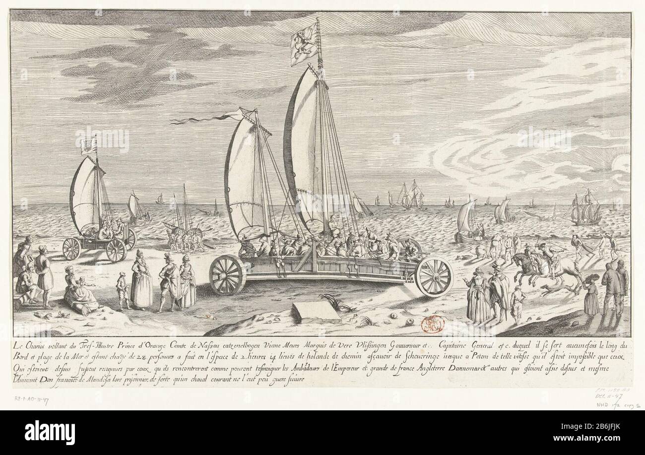 Der gottende Simon Stevin, 1602 Le chariot Vollant du Tres-Illustrious Prince d'Orange (Titelobjekt) der gottende Simon Stevin, 1602. Prinz Maurice, zusammen mit einer Gruppe von Freunden eine Fahrt am Strand Scheveningen nach Petten in der Sandyacht, die von Simon Stevin April-Mai 1602 gebaut wurde. Ein kleines Jachten, Wo: Scheinbar ein Prototyp, mit einigen Menschen an Bord. Am Strand diverse elegante Zuschauer und ein paar Fischer. Mit der Unterschrift von vier Zeilen in der Frans. Hersteller: Druckmaschine: Anonym zu drucken von Willem Isaacsz. Von Swanenburg zur Gestaltung: Jacob de Gheyn (II) Vom: 1603 - 1699 Phy Stockfoto