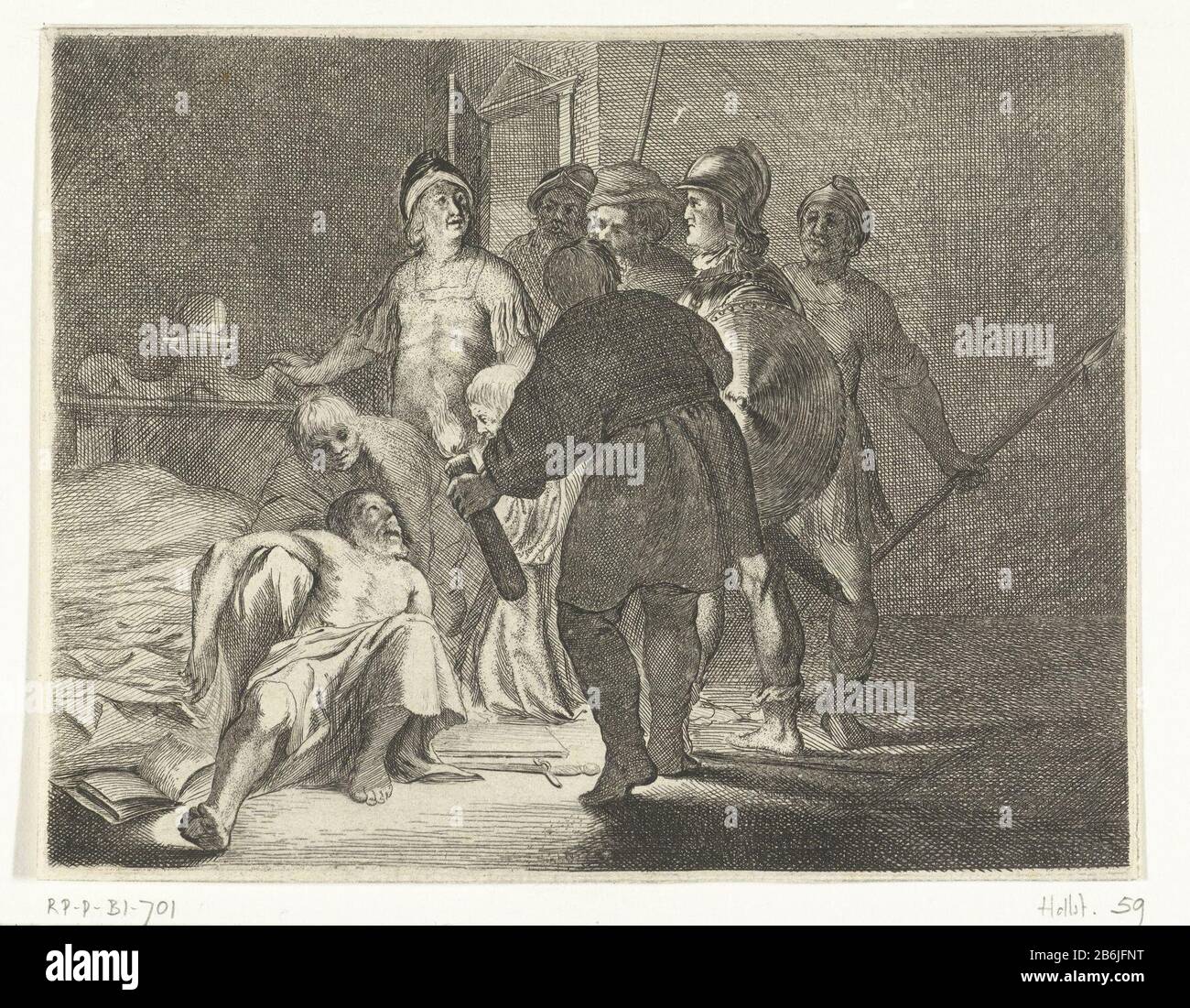 Der Selbstmord von Cato Der Selbstmord von Cato. Der Staatsmann seines Sohnes und seiner Wachen fanden tot auf dem Boden liegend, ha las Platons Phaedo. Auf der Rückseite mit Text auf Niederländisch gedruckt. . Hersteller: Druckmaschine: Willem Bass Herstellung: Nordniederland Datum: 1632 - 1634 Physikalische Eigenschaften: Ätzmaterial und Engra-Material: Papiertechnik: Ätzung/Engra-Messungen: Plattenkante: H 124 mm × W 162 mmToelichtIllustratie abgeleitet von: E. Herckmans, der Meer -vaertlof, JP Wachter, Amsterdam 1634, fol. 93. Betrifft: Tod von Marcus Porcius Cato dem Jüngeren namens Uticensis: Stockfoto