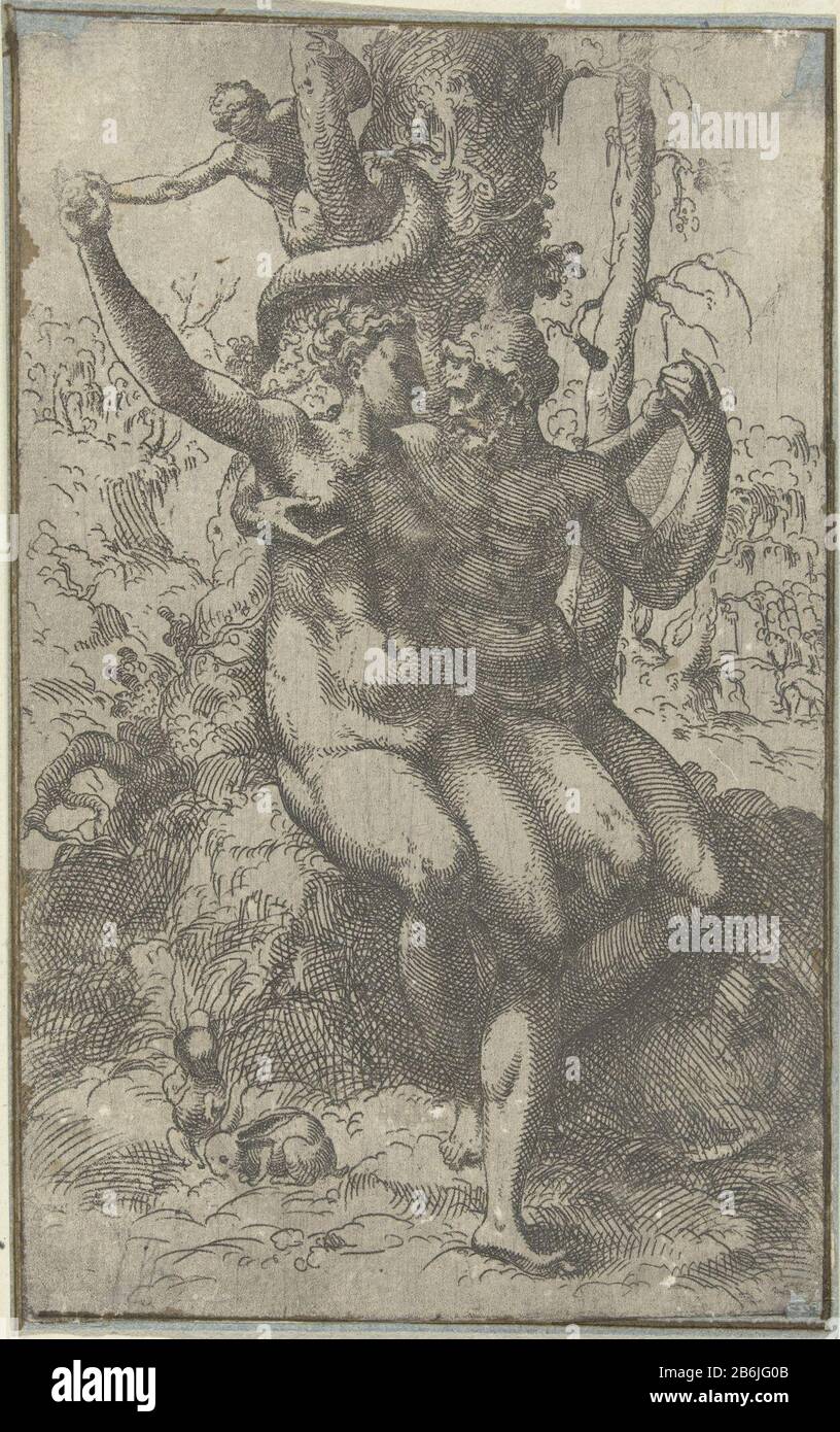 Der Fall Adam und Eva sitzen unter dem Baum der Erkenntnis. EVA nimmt den apfel zum Schlauch und gibt Adam einen apfel. Mehrere Tiere sollen sie heen. Hersteller: Druckmaschine: Anonymer Ort Herstellung: Italien Datum: CA. 1550 - ca. 1600 Physikalische Merkmale: Engra über altem Rahmenmaterial: Papiertechnik: Engraa (Druckverfahren) Abmessungen: Blatt: H 190 mm × W 120 mmToelichtingEveneens in Sammlung eine anonyme niederländische Radierung mit der gleichen Idee: INV. NR. RP-P-OB-31.596. Betrifft: Eva nimmt die Frucht von der Schlange (oder dem Baum) in Gegenwart von Adam (der sie vielleicht stoppen will) Stockfoto