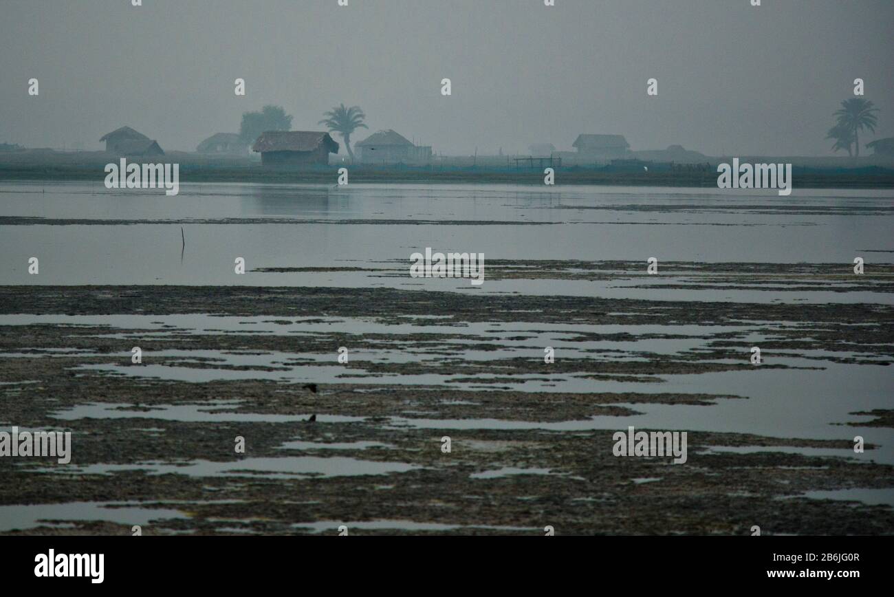 Eine Landschaft aus Garnelen, die in einem nebligen Morgen einen Wasserkörper mit einem kleinen Haus am Böschung erzeugen. Dies ist eine Technologie zur Bekämpfung des Klimawandels. Stockfoto