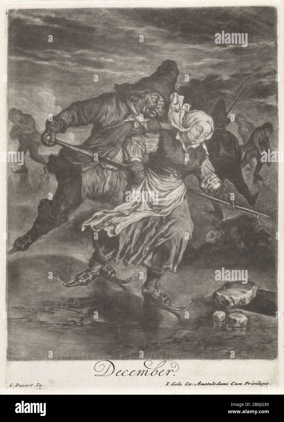 IJspret. Ein Mann und eine Frau, die auf einem langen Stock auf dem Eis um das Loch laufen. Im Hintergrund, um andere Skater zu sehen, wo, von dort aus, ein Fall ist. Der Druck ist Teil einer Serie von zwölf Drucken mit den zwölf Monaten des Jaars. Hersteller : Druckerhersteller Cornelis Dusart (denkmalgeschütztes Gebäude) Herausgeber: Jacob Gole (denkmalgeschütztes Eigentum) Privilegienanbieter: Amsterdamer Stadtrat (denkmalgeschütztes Gebäude) Ort Herstellung: Druckmaschine: Haarlem Herausgeber: Amsterdam Datum: 1679 - 1704 Physikalische Merkmale: Mezzotint und Engra-Material: Papiertechnik: Mezzotint / Engraa (Druckverfahren) Abmessungen: Plattenkante: Stockfoto