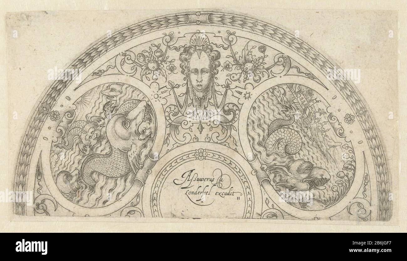 Dekorieren Sie den Rand eines Untertaufes Oval mit Bildern von Putten auf Meerestieren, Tieren und Yachten (Serientitel) Zwei ovale Kartuschen mit Meerestieren und zwischen Girlanden und Maskaron. Serie mit 25 nummerierten bladen herausblättern. Hersteller: Druckmaschine: Anonymer Entwurf von Hans Hirtz (möglich) Herausgeber: Assuerus von Londerseel (Listed Property) Ort Herstellung: Druckmaschine: Deutschland (möglich) zu entwerfen: Deutschland (möglich) Herausgeber: Niederlande (möglich) Datum: 1500 - 1635 Material: Papiertechnik: Punktierte Engra-Abmessungen: Plattenkante: H 90 mm × W 167 mmToelichtingTezamen von RP-P-1908-2451 / 2 Stockfoto