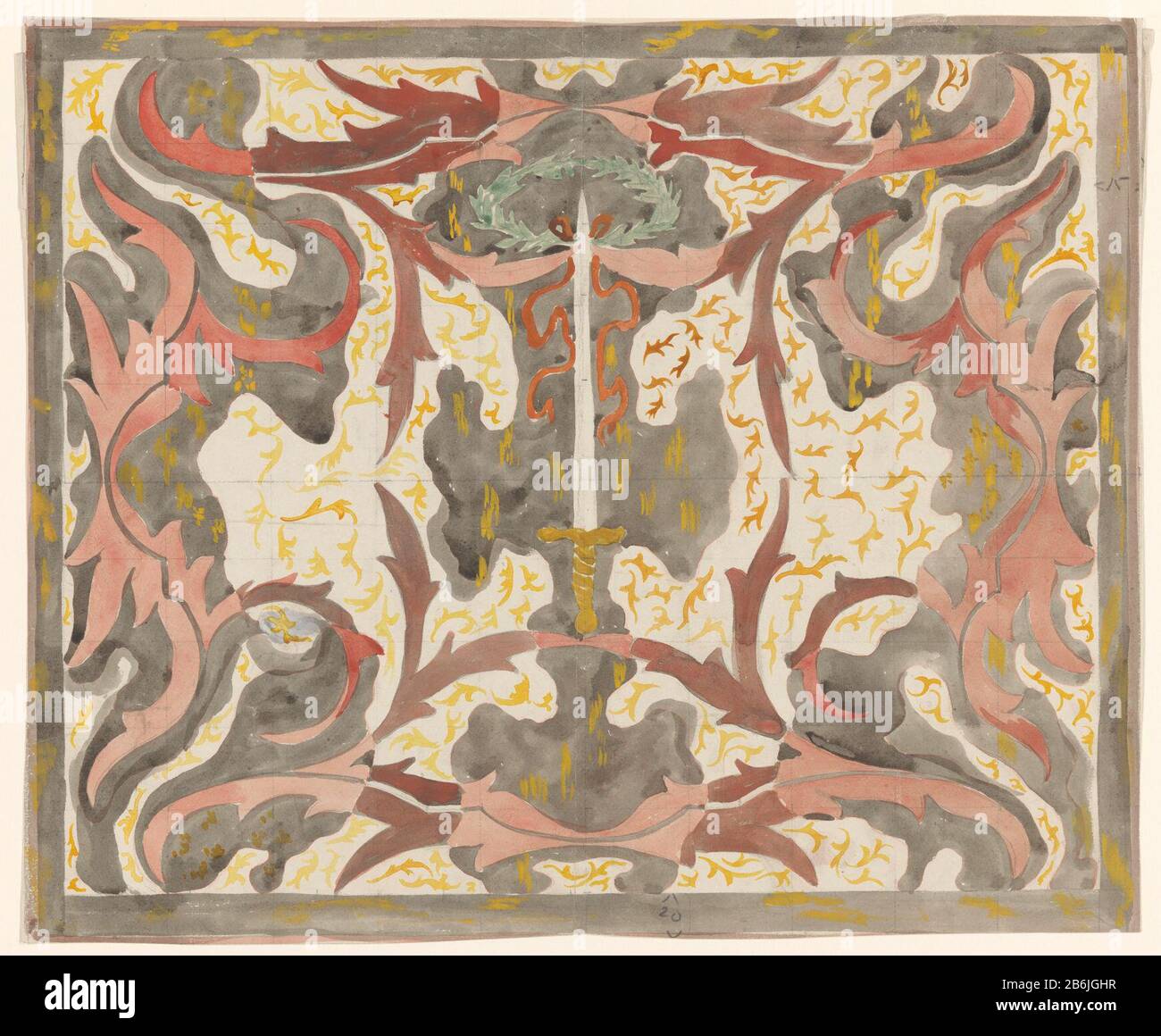 Dekoratives Design mit hochgezogenen Doughen Dekoratives Design mit aufrechtem Schwert Objekttyp: Zeichnung Design Objektnummer: RP-T-1969-581A Hersteller: Zeichner: Carel Adolph Lion Cachet Datum: 50-1945 Physische Eigenschaften: Bleistift, Pinsel in Farbe Material: Papierbleistift-Technik: Pinselmaße: H 361 mm × W 438 mm Betreff: Verzierungen  Arthaking- und Thrusswaffen: Schwert Stockfoto