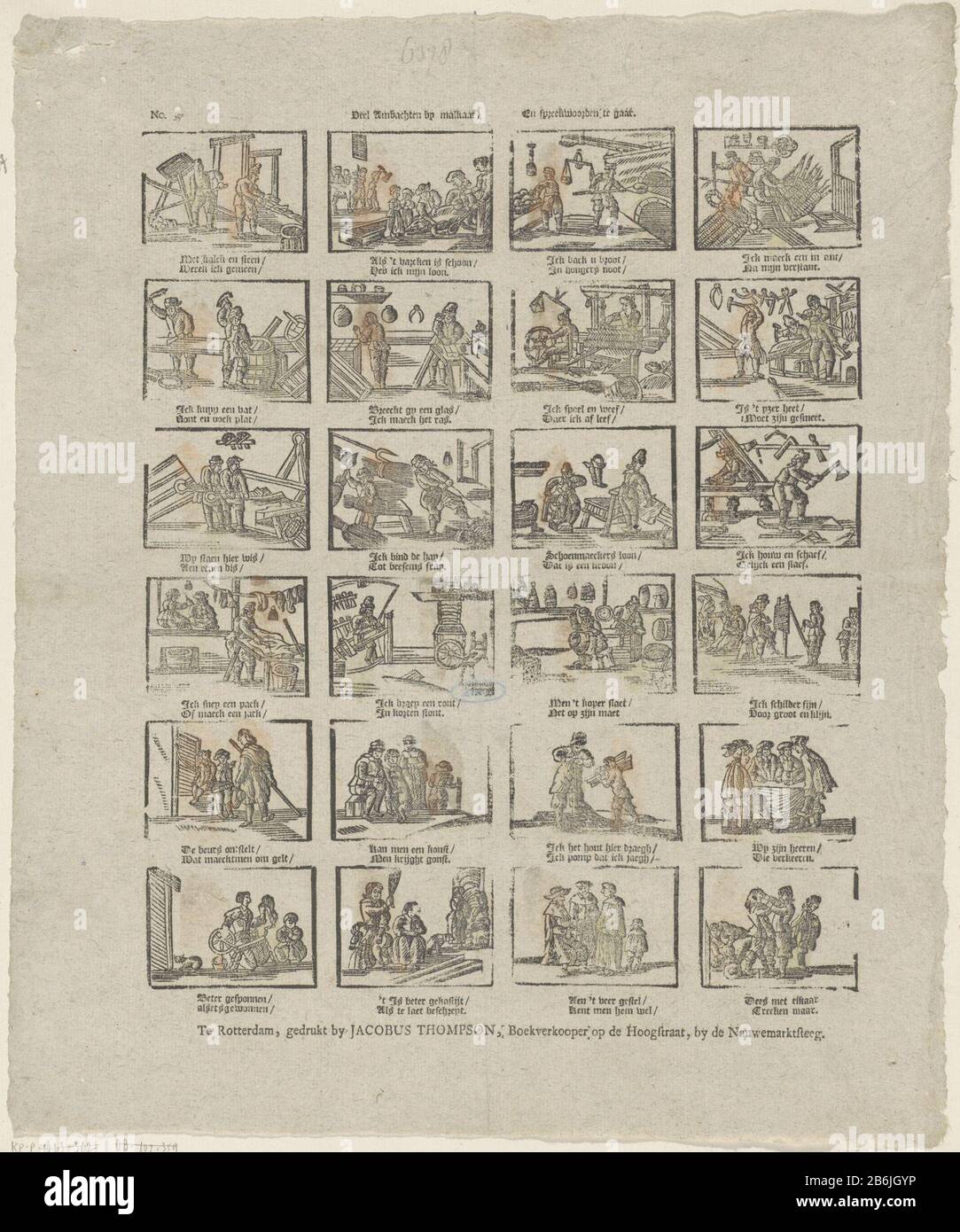 Teilhandwerk von Malkaar Und Sprichwörtern überkochte (Titelobjekt) Blatt 24 Darstellungen von Sprichwörtern und Ausdrücken Berufe und Gewerbe. Zeigen Sie unter jedem eine zweizeilige Signatur an. Oben links nummeriert: Nr. 57. Hersteller : Herausgeber: James Thompson (auf dem Objekt angegeben) Druckerhersteller: Anonymer Standort Herstellung: Herausgeber: Rotterdam-Druck Autor: Die Niederlande Datum: 170-12 Physische Eigenschaften: Holzblock in Gelb und Orange; Textdruckmaterial: Papiertechnik: Holzschnitt / Farben / Druckformate: Blatt: H 396 mm × W 333 mm Betreff: Sprichwörter, Sprichwörter usw. handwerk und Industrie Stockfoto