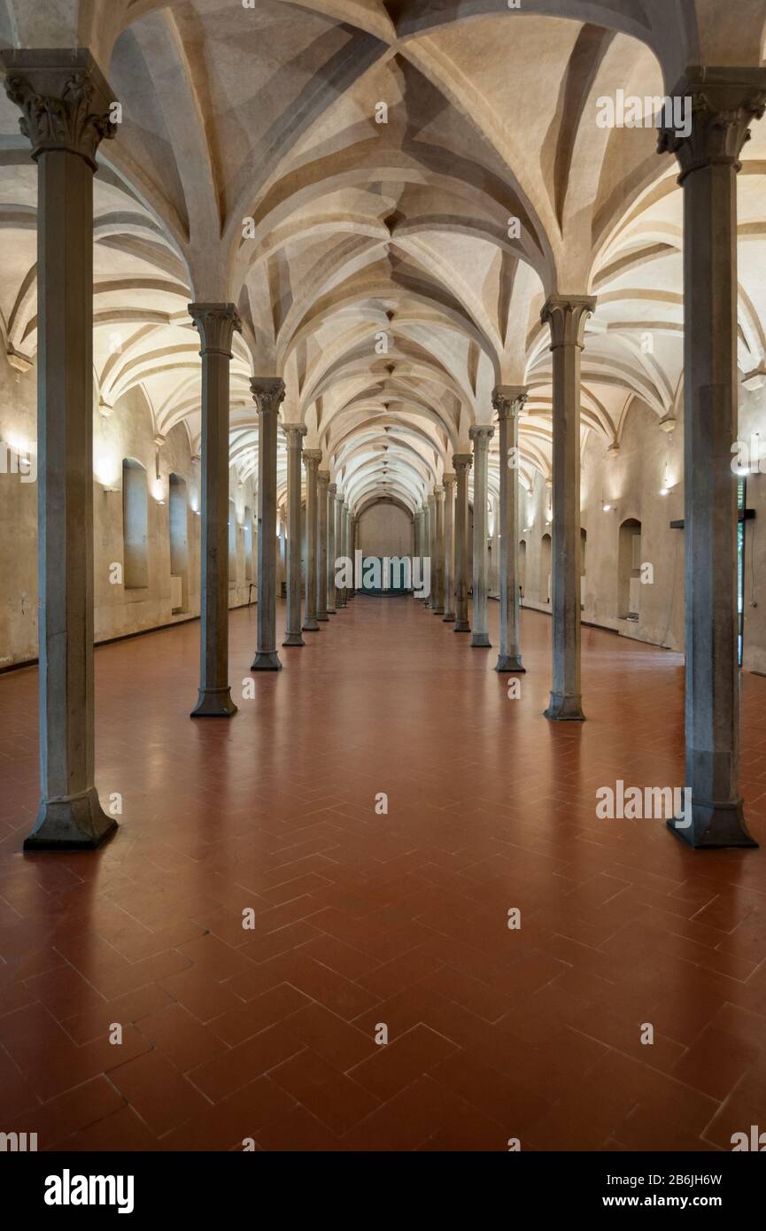 Florenz, Italien - 2020, 1. März: Der Schlafsaal mit prächtiger gewölbter Decke ist Teil der Basilika Santa Maria Novella. Stockfoto