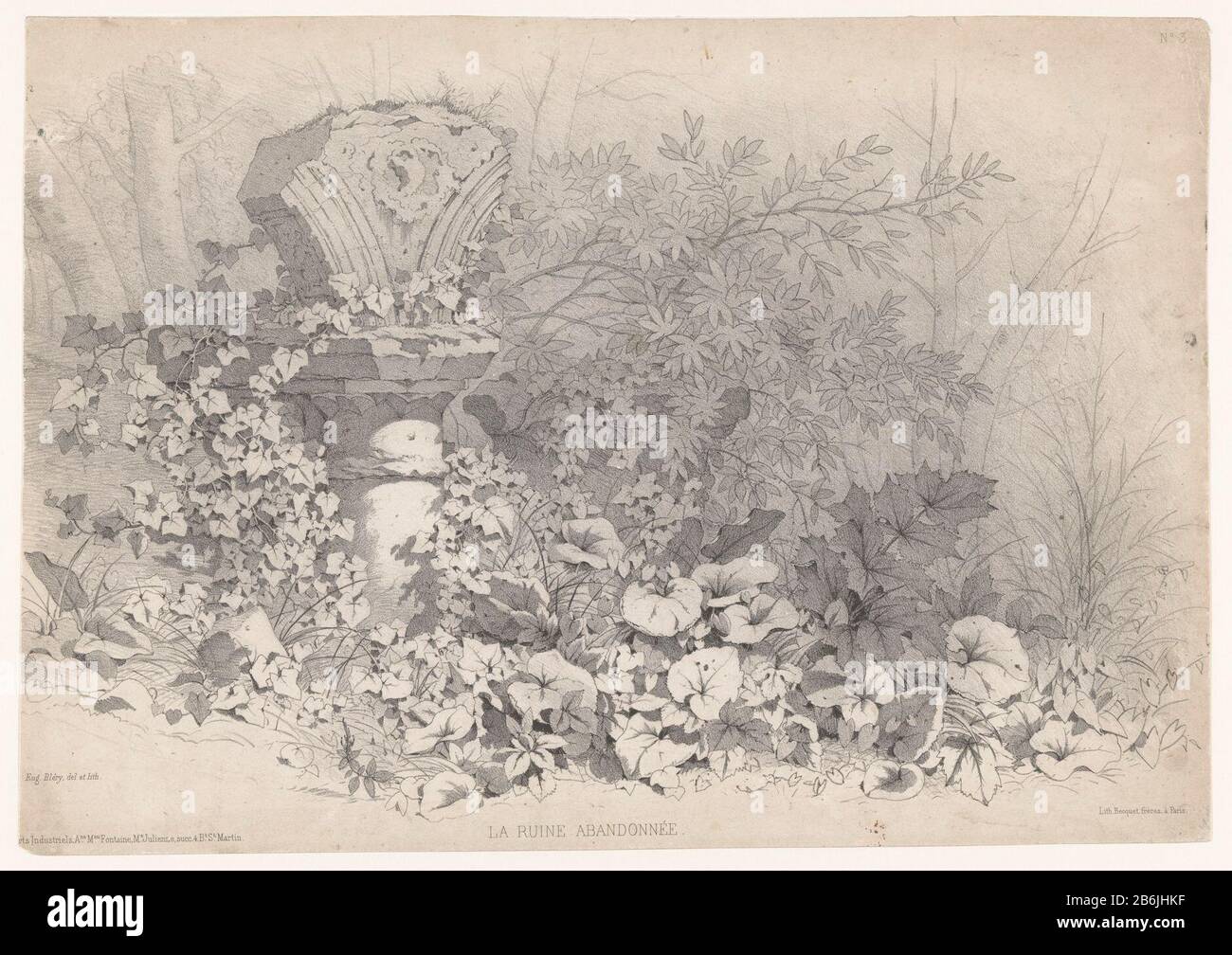 Teil des Ruins mit Efeus und anderen Ruinen von PlantenLa abandonnée (Titelobjekt) Studien der Pflanzen (Serientitel) Objekttyp: Druck Seriennummer: 3 / 6Objektnummer: RP-P-1942-432Katalogogusreferenz: IFF 208.3 Aufschriften / Marken: Sammlermarke, Verso, gestempelt: Lugt 2228 Sammlermarke, Verso, 2760 Gestempelt: Hersteller: 2760 Lugt: Druckmaschine Eugène Bléry (denkmalgeschütztes Gebäude) in seiner Gestaltung: Eugène Bléry (denkmalgeschütztes Gebäude) Drucker: Becquet frères (denkmalgeschütztes Gebäude) Herausgeber: Am Fontaine & M. Julienne (denkmalgeschütztes Eigentum) Ort Herstellung: Paris Datum: 1860 Material: Papiertechnik: Chalk-lithographie d Stockfoto