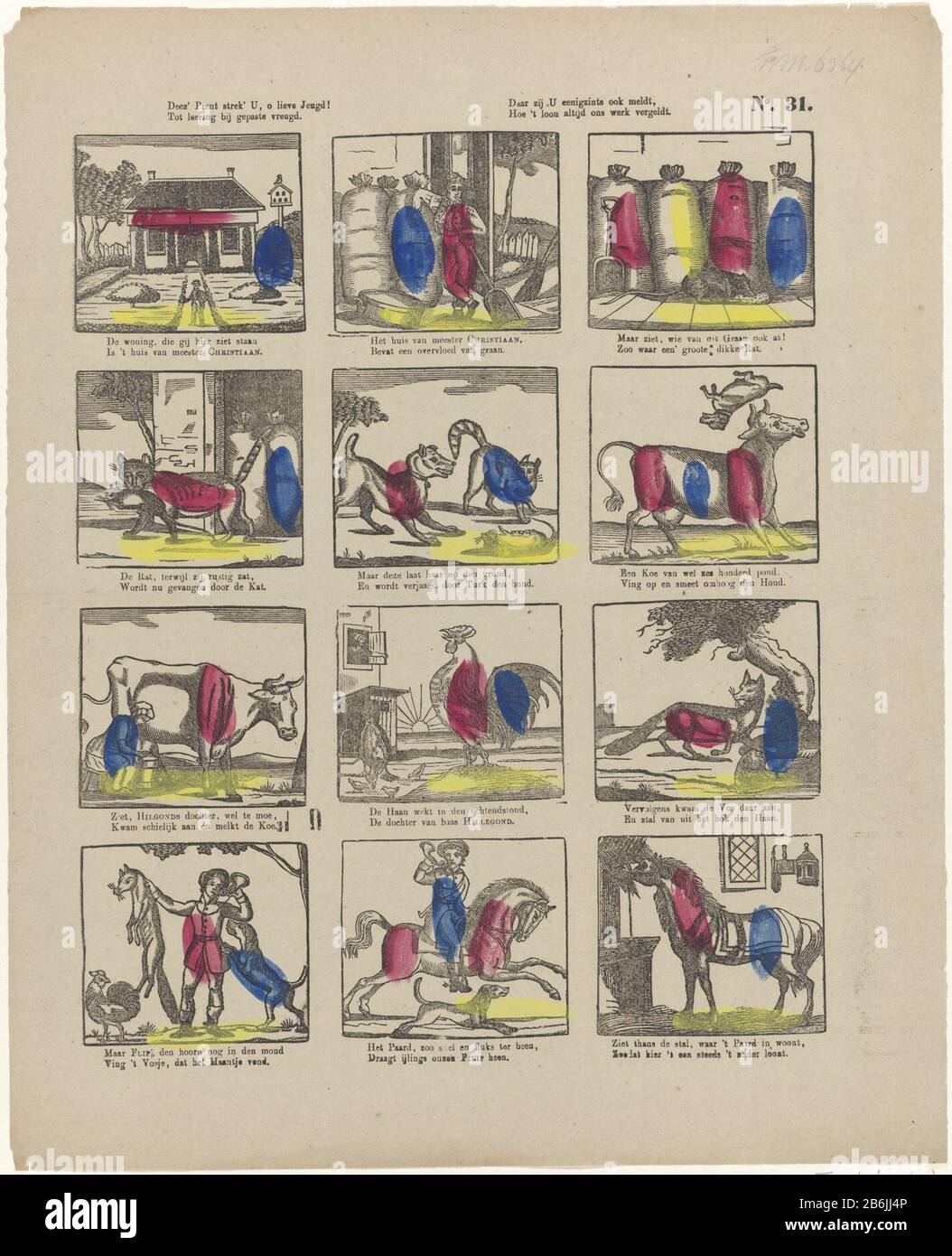 Deez 'Print Stretch 'You, o Dear Youth Until Leering at Oach Depearable Joy (Titelobjekt) Journal zwölf Auftritte von Christiaan Master, Hilfonds Daughter und Flip, mit Tieren auf und um den Hof. Unter jedem Bild ein zweizeilige Gedicht. Nummeriert oben rechts: Nr. 31. Ca. 1800-1850. Hersteller: Drucker: P.C.L. Stadt Czn.Prentmaker: Anonyme Baustellenfertigung: Drucker: Amsterdam Druck-Autor: Niederlande Datum: 1850 - 1870 Physische Merkmale: Holz-Engra mit Textdruck, farbiges Material: Papiertechnik: Holz-Engraa / Druck / Farbabmessungen: Blatt: H 400 mm × W 324 mmToelichtingHet Stockfoto