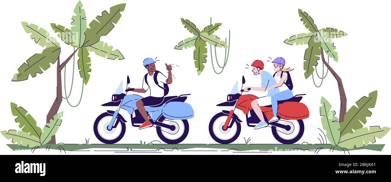 Menschen auf Motorrädern - Abbildung mit flachen Pudel. Touristen fahren mit dem Fahrrad im Dschungel. Ein Paar auf Ausflug mit Führer im Wald. Indonesien Tourismus 2D Stock Vektor