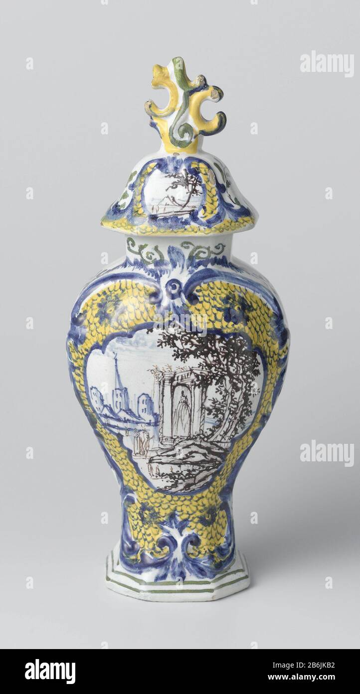 Deckel Deksel van Topf van Faience Hersteller : Plattenelbakkerij: De Vergulde Blompot Plaats Herstellung: Delft dating: Ca. 80-1020 Material: Faience Abmessungen: H 11,5 cm. × b 9,0 cm. × d 7,8 cm. Stockfoto