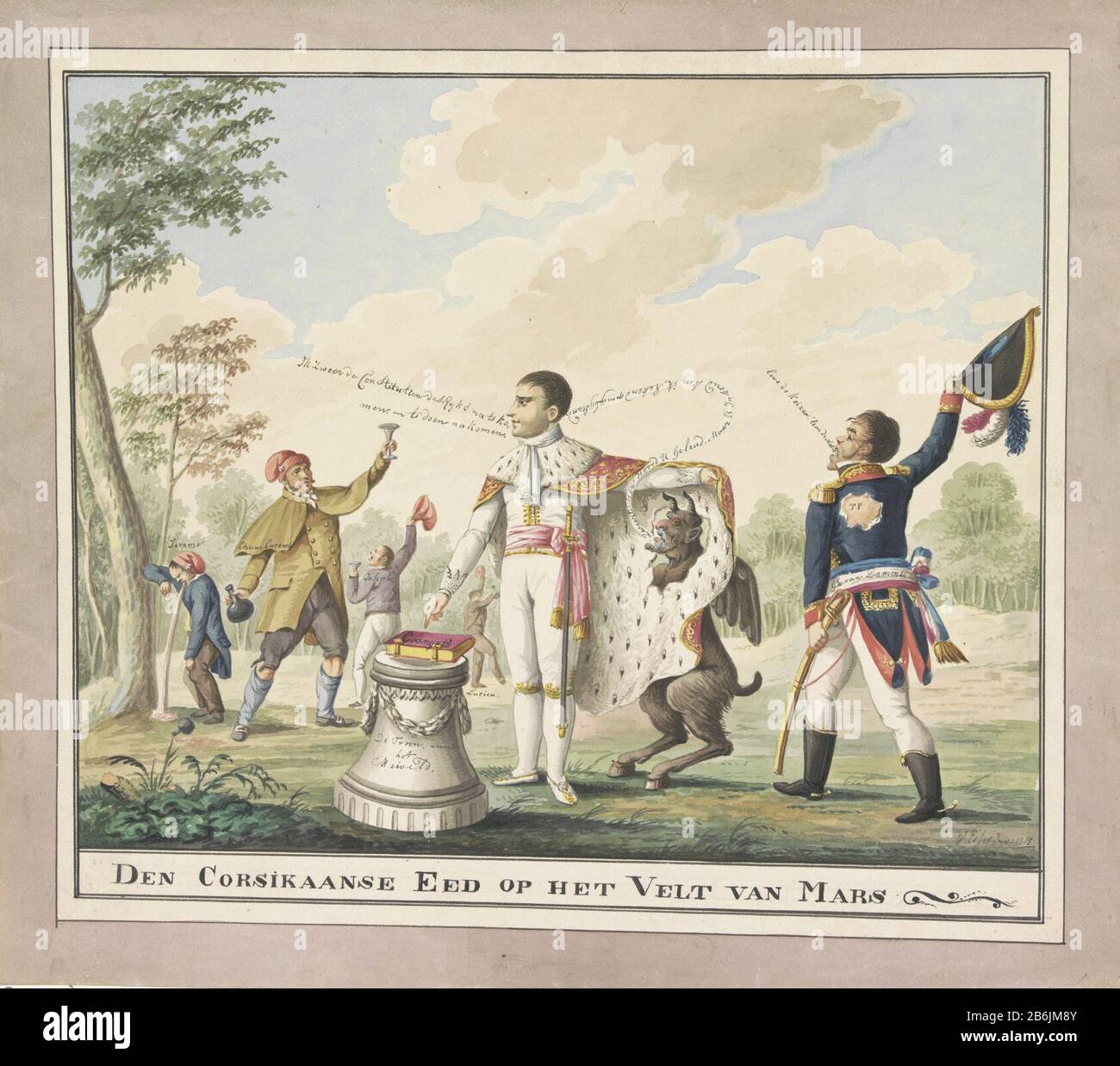 Der Corsi U.S. Eid on Mars Velt (Titelobjekt) Cartoon auf dem Treffen namens "Champ de Mai", organisiert am 1. Juni 1815 von Kaiser Napoleon Bonaparte auf dem Champ de Mars in Paris. Napoleon leistet den Eid, der an einem Altar Steht, Wo: Auf dem Evangelium. Ein Teufel liegt unter seinem Mantel, und flüstert in ihm das Ohr. Rechts nennt General Dominique Vandamme "Es Lebe der Kaiser!", Links andere Franzosen, die trinken und ihre Kappen zwaaien. Hersteller: Künstler: Wijnand Esser (Listed Property) Ort Herstellung: Niederlande Datum: 1815 Physische Merkmale: Stift in schwarz und Aquarell Materialien Stockfoto