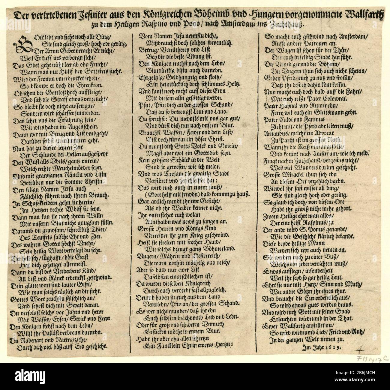 Textjournal mit deutschen Versen drei Kolumnen, die zum Cartoon gehören, mit einer Darstellung der Reise der 1619 aus Böhmen und Ungarn vertriebenen Jesuiten in das gruselige Haus Amsterdam. Hersteller : Autor: Anonymer Ort Herstellung: Deutschland Datum: 1619 Physische Merkmale: Textdruckmaterial: Papiertechnik: Briefpresserabmessungen: Blatt: H 238 mm × W 255 mm Betreff: Revolte in Böhmen, Wenn: 1619 - 1619 Stockfoto