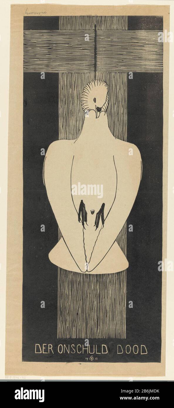 Tod der Unschuld (ursprüngliches Titelobjekt) eine tote Taube, die an einem Holzkruis hängt. Hersteller: Druckmaschine: Samuel Jessurun de Mesquita (denkmalgeschütztes Gebäude) Datum: 1913 Material: Papiertechnik: Holzschnitt Abmessungen: Blatt: H 580 mm × W 253 mm Betreff: Tauben, Taube Stockfoto