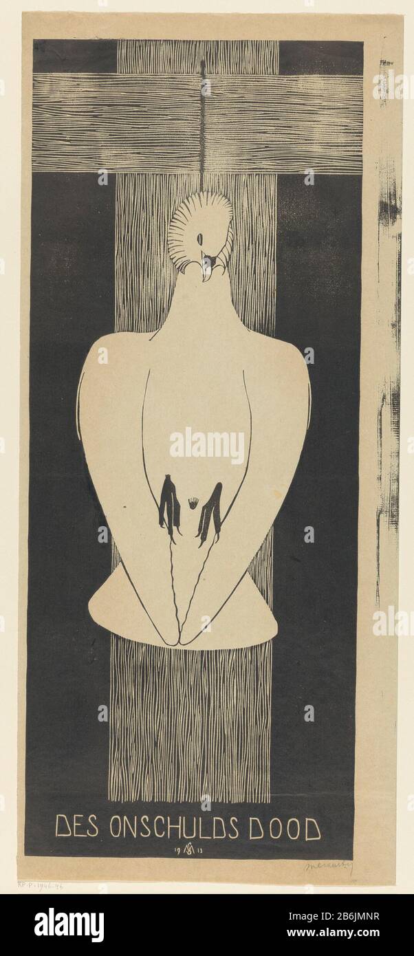 Des Onschulds Tod (ursprüngliches Titelobjekt) eine tote Taube, die an einer Holzkruis hängt. Hersteller: Druckmaschine: Samuel Jessurun de Mesquita (denkmalgeschütztes Gebäude) Datum: 1913 Material: Papiertechnik: Holzschnitt Abmessungen: Blatt: H 580 mm × W 253 mm Betreff: Tauben, Taube Stockfoto