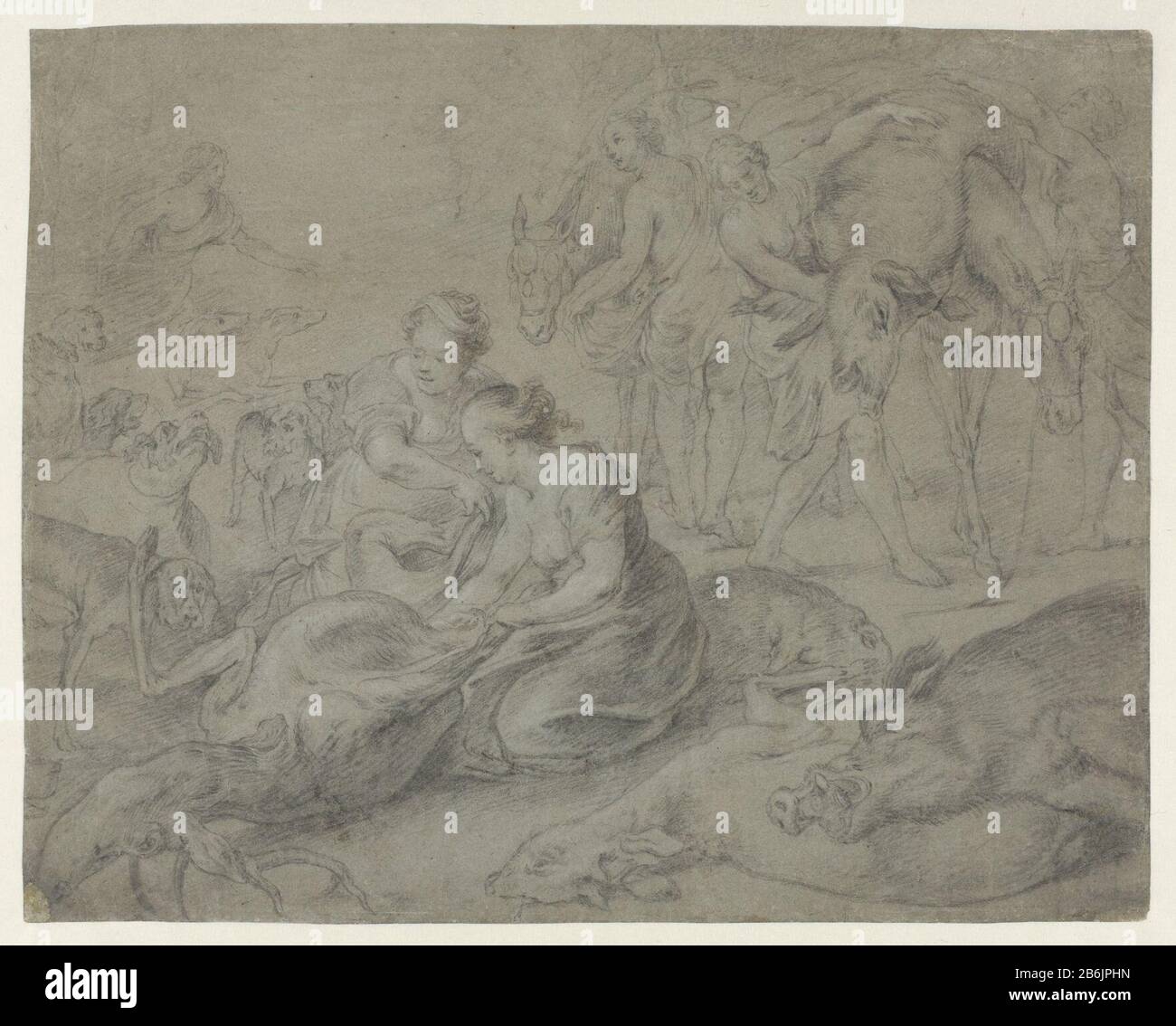 Diana und ihre Nymphen nach der Jagd Diana und ihre Nymphen nach Jagdobjekttyp: Zeichnung Objektnummer: RP-T 2002-61 Hersteller: Künstlerin: Anonyme Ortsfertigung: Südholländer dating: Nach 1600 - Merkmale 1699 Physisch: Schwarze Kreide mit weißer Kreide verstärkt, auf blauem Papiermaterial: Chalk-Papier Abmessungen: H 400 mm × W 500 mm (unregelmäßiger Schnitt) Stockfoto