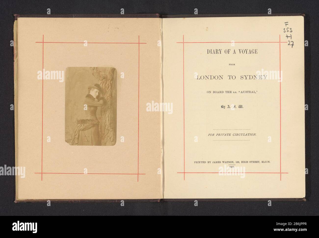Tagebuch einer Reise von London nach Sydney an Bord des ss Austral (titel op object) Diary einer Reise von London nach Sydney an Bord der s.s. Austral (Titelobjekt) Objekttyp: Buchobjektnummer: RP-F-2001-7-226Vervaardiging dating: 1885 Material: Papier Fotopapier Pappe Leinentechnik: Druck / Albumin Druck / dekoratives Papier (Art) Abmessungen: H 217 mm × W 168 mm × D 6 mm Stockfoto