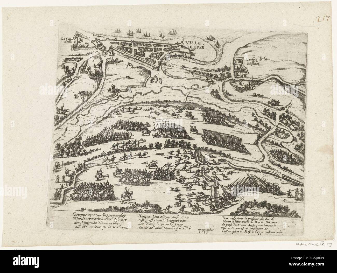 Dieppe von Heinrich IV. Im Jahre 1590 befreit Dieppe von Heinrich IV., 1590 Objekttyp: Neues Bild drucken Artikelnummer: RP-P-ob-78.704Katalogusreferendar: FMH 413-59Ommerking: Copy Beschreibung: Der belauschte Dieppe entsetzt von Heinrich IV., 11. Februar 1590. Der Kampf im Vordergrund, in der Ferne eine Stadtkarte Dieppe in der Overhead-Ansicht. Akt über die Stelle vom November 1589. Mit 8 Zeilen in deutscher und fünf Zeilen in französischer Sprache. Nicht Nummeriert. Vorbildliches Spiegel-Copy oder -Wiedergabe auf den Pfosten von High Mountain. Leaf stammt aus einem Album, das zerlegt wird. Oben rechts nummeriert (in Stift) 217. Hersteller: pr Stockfoto
