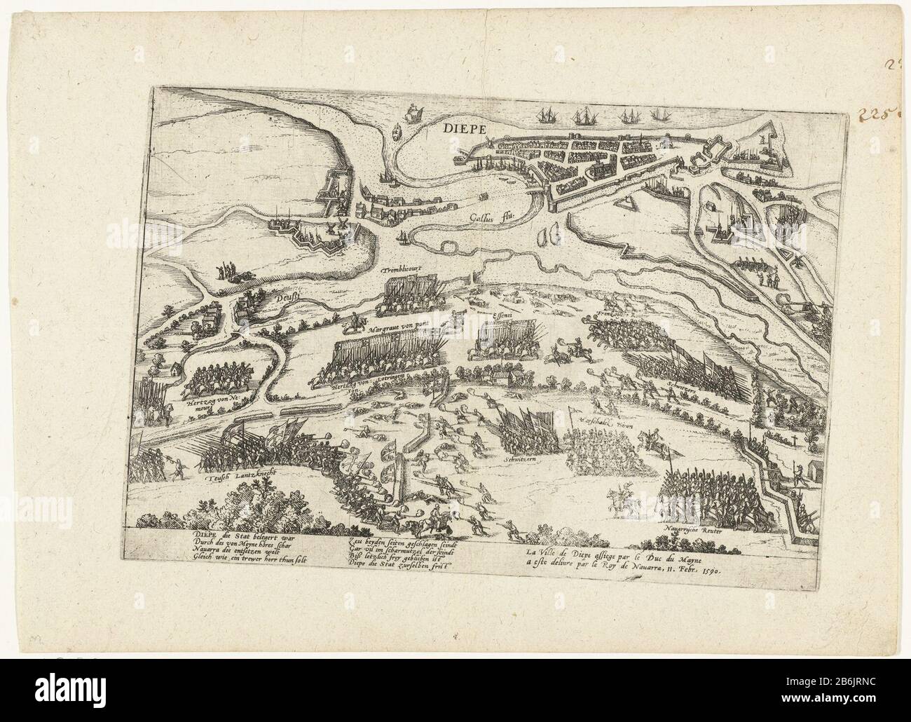 Dieppe befreite von Heinrich IV., 1590 Serie 4 französische, deutsche und englische Ereignisse, 1576-1610 (Serientitel) der belauschte Dieppe entsetzt von Heinrich IV., 11. Februar 1590. Die Schlacht im Vordergrund, in der Ferne eine Stadtkarte Dieppe in der Overhead-Ansicht. Mit 8 Zeilen in deutscher und zwei Zeilen in französischer Sprache. Nicht Nummeriert. Leaf stammt aus einem Album, das zerlegt wird. Oben rechts nummeriert (in Stift) 225. Hersteller : Druckerhersteller French High Mountain (Werkstatt) Ort Herstellung: Köln Datum: 1590 - 1592 Physikalische Merkmale: Ätzmaterial: Papiertechnik: Ätzmaße: Plattenkante: H 210 mm × Stockfoto