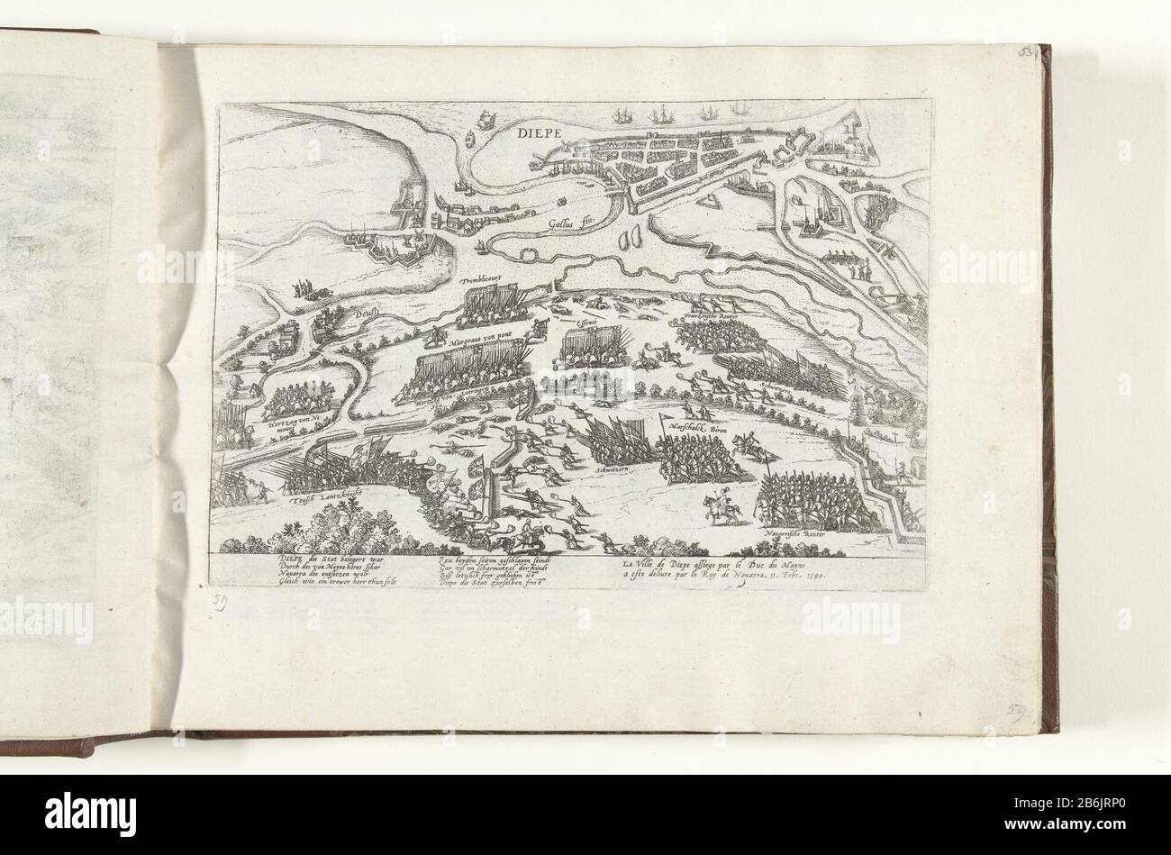 Dieppe befreite von Heinrich IV., 1590 Serie 4 französische, deutsche und englische Ereignisse, 1576-1610 (Serientitel) der belauschte Dieppe entsetzt von Heinrich IV., 11. Februar 1590. Die Schlacht im Vordergrund, in der Ferne eine Stadtkarte Dieppe in der Overhead-Ansicht. Mit 8 Zeilen in deutscher und zwei Zeilen in französischer Sprache. Ongenummerd. Hersteller : Druckerhersteller French High Mountain (Werkstatt) Ort Herstellung: Köln Datum: 1590 - 1612 Physikalische Merkmale: Ätzmaterial: Papiertechnik: Ätzmaße: Plattenkante: H 215 mm × W 280 mm Thema: Kampf, Kampf im allgemeinen französischen Religionskrieg, wenn: 1590-02 Stockfoto