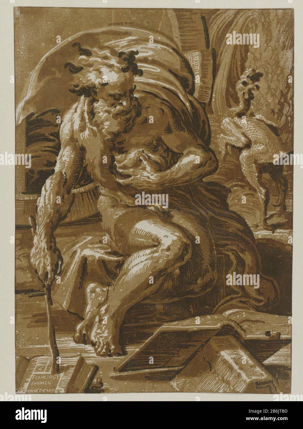 Diogenes Diogenes sitzt auf dem Boden vor seinem Fass. In der Hand hält er einen Stock, Wo er anmerkte, dass er in einem Buch zeigt. Im Hintergrund rechts ein zupfter haan. Hersteller: Druckmaschine: Ugo da Carci (Listed Property) zur Gestaltung: Parmigianino (Listed Property) Herstellung: Italien Datum: 1502 - 1532 Physikalische Merkmale: Chiaroscuro Holzschnitt in Schwarz und Braun; gedruckt vier Holztonblöcke Material: Papiertechnik: Chiaroscuro-Holzschnitt Abmessungen: Blatt: H 482 mm × W 346 mm Betreff: Diogenes verspottet Platons Definition des Menschen, indem er ein gezupftes Geflügel zeigt Stockfoto