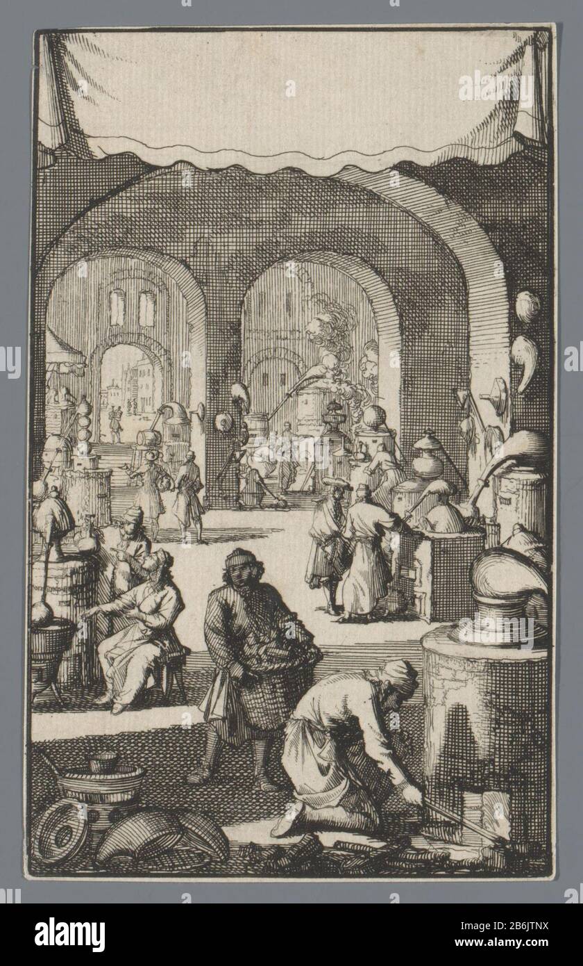 Workshop Destillieren Möglich titellprent. Hersteller : Druckerhersteller Jan Luyken Datum: 1659 - 1712 Physikalische Merkmale: Ätzmaterial: Papiertechnik: Radierung Stockfoto