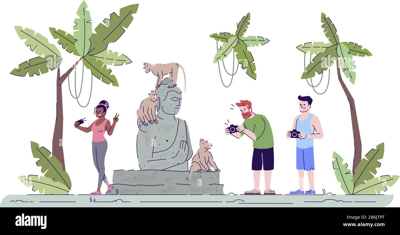 Touristen, die Fotos machen, illustrieren flache Doodle. Menschen fotografieren Primaten und Buddhastatue. Heiliger Affenwald. Indonesien Tourismus 2D Cartoon Stock Vektor