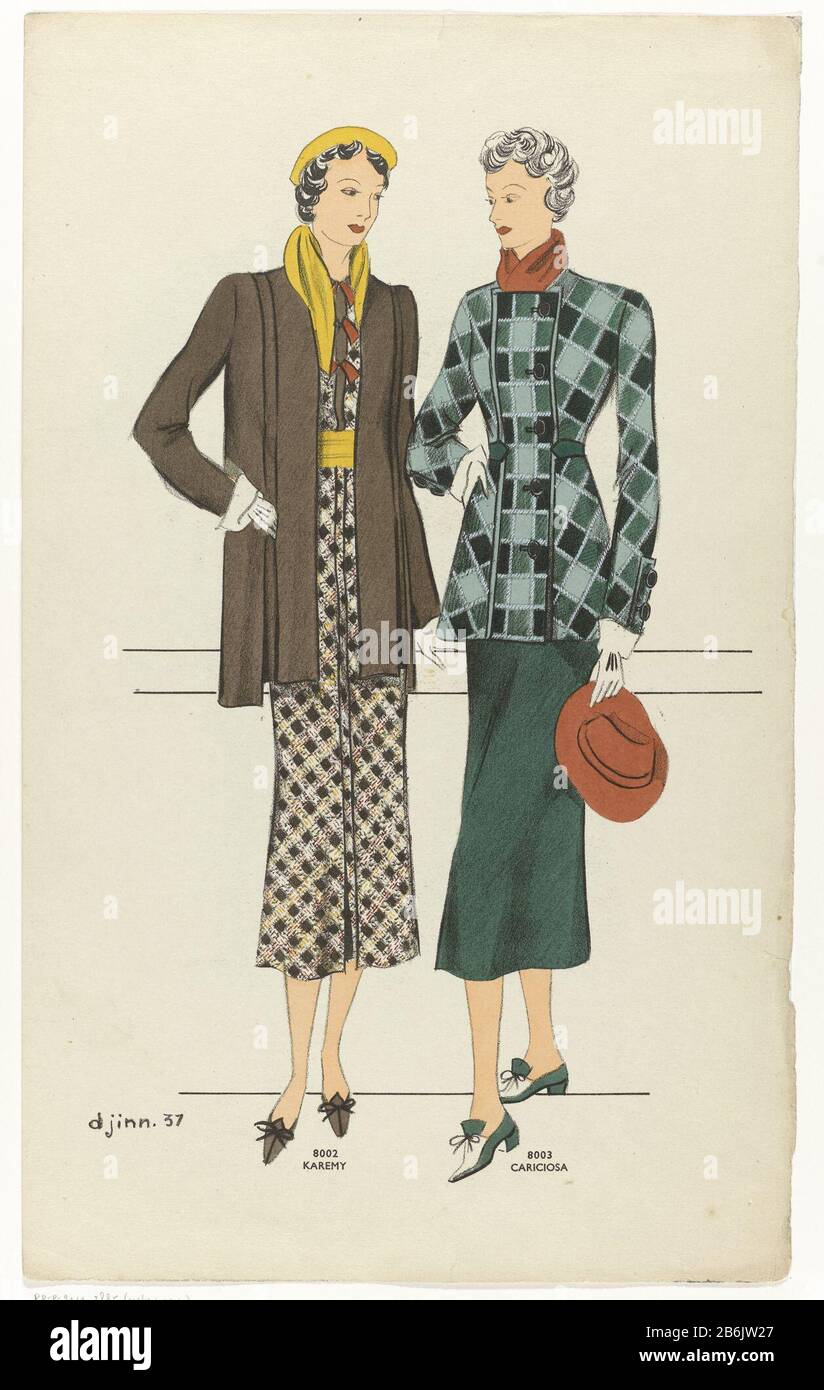 Dschinn 1937 Nr. 8002 Nr. 8003 in Karemy Cariciosa Zwei verschiedene Ensemble namens Karemy (8002) und Cariciosa (8003). 8002: Braune Jacke über einem karierten Kleid in Braun/Gelb/Rot. Gelber Hut und Schal. Braune Schuhe mit Schleifen. 8003: Karierter Mantel in Grüntönen, mit Deckel, mit fünf großen Knöpfen geschlossen. Wenn die Manschetten zwei Knoten umfassen. Dunkelgrüner Rock. Roter Schal und Hut. Zweifarbige Schuhe mit Fersen und Schleifen. Verso: Zwei Ensemble, genannt Carolina (8000) mit Gürtel (1063) und Tipa Rica (8001). Das Modebild stammt von einem Katalogismus. Hersteller : Druckhersteller: Anonymer Termin: 1937 Physic Stockfoto