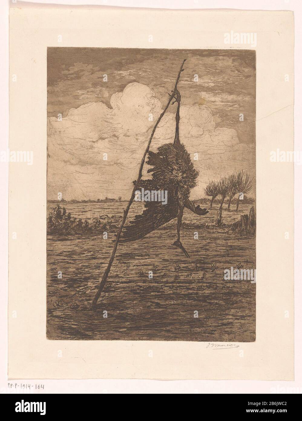 Toter Vogel als Vogelscheuche in einer Weide Toter Vogel als Vogelscheuche in einem Feld Objekttyp: Bild Artikelnummer: RP-P-1914-164 Aufschriften / Marken: Sammlermarke, Verso, gestempelt: Lugt 2228 Hersteller: Druckerhersteller Jan Willem Nortier (persönlich unterzeichnet) Datum: 1874 - 1914 Physische Merkmale: Etch- und Plattenton in braunem Material: Papiertechnik: Radierung / Plattentonmessungen: Plattenkante: H 328 mm × W 238 mm Betreff: Scarecrowbirds (+ sterbendes Tier; Tod oder Tier; totes Tier) Stockfoto