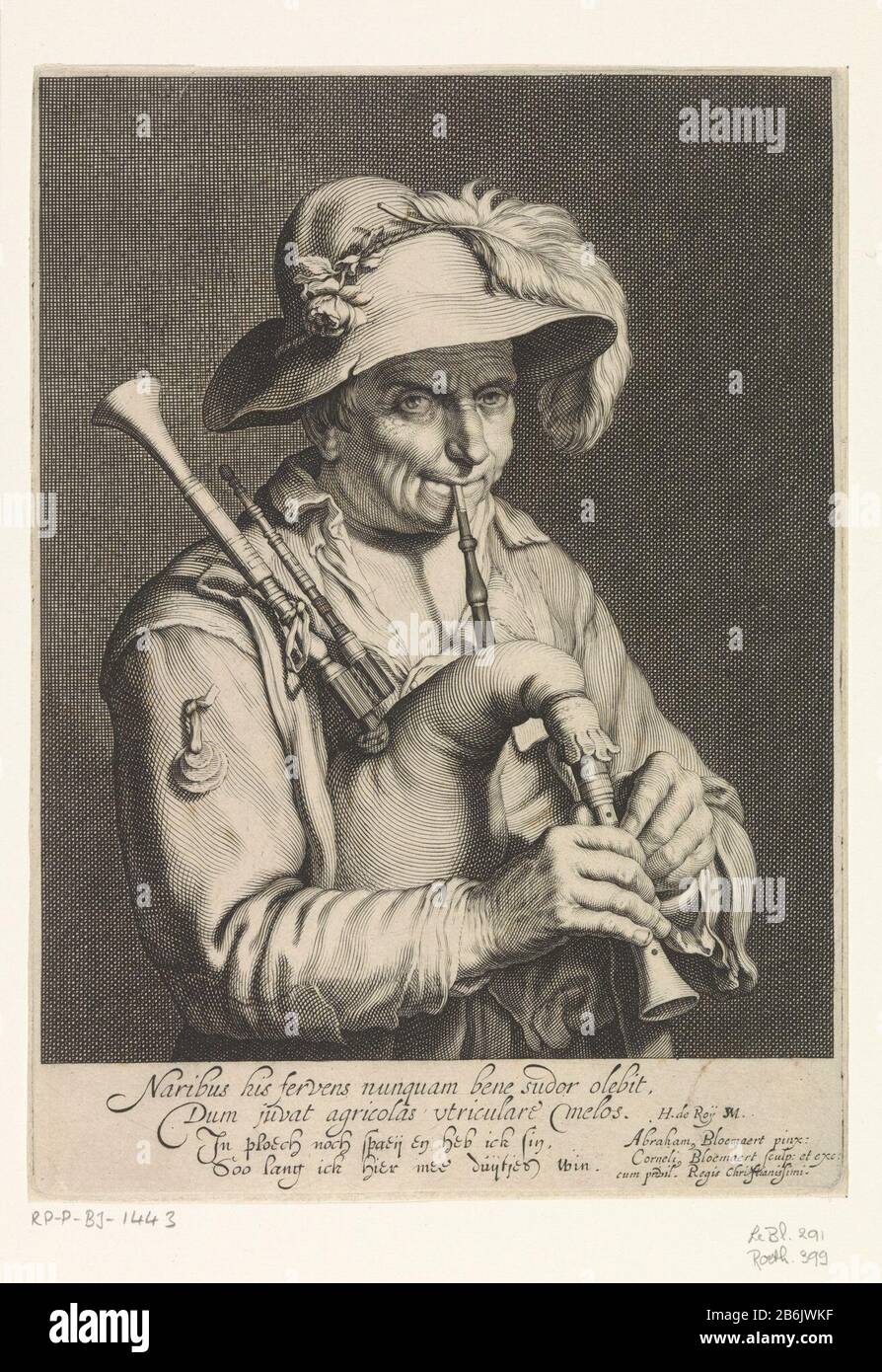 Piper Een boer traf auf Grote Flaphoed bespelt de doedelzak. Met een onderschreift in het Nederlands en Latijn. Hersteller: Prentmaker: Cornelis Bloemaert (II) (vermeld op object)naar schilderij van: Abraham Bloemaert (vermeld op object)schrijver: Hendrik de Roij (vermeld op object)uitgever: Cornelis Bloemaert (II) (vermeld op object)verlener van Utrechter: Loverwijk plaing (dating van Franking)-Objekt: XIII (filing) In von na 1625 - in von voor 1633 Physische Kenmerken: Tiefdruckmaterial: Papier Techniek: Graveren (Drukproceduré) Abmessungen: Blad: H 174 mm × b 124 mm Su Stockfoto