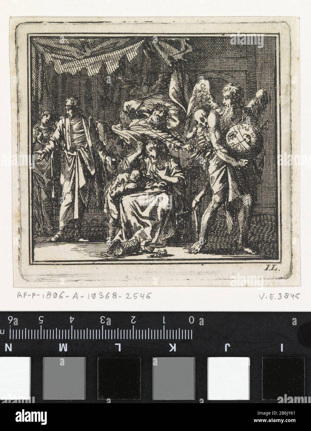 Der Tod steht kurz vor einem sterbenden Mann, um den Lebensfaden zu schneiden, der versucht, ihn, das Sterbebett, Vice RP-P-1896-A 19368-2546 Dood staat op het punt om de levensdraad van een stervende man door te knippen den Saum probeert tegen te houdenHet Sterf-bed zu stoppen, Van de Ondeugd Objekttyp: Prent boekillustriatie Objectnummer: RP-P-1896-A-19368-2546Catalogusreferentie: Van Eeghen 38452(2)Opperking: Staat bepaald aan de Hand van aanwezige pränten in Rijkrentenkabev / Merverwahrer Objekt: Jan 22zept Stockfoto