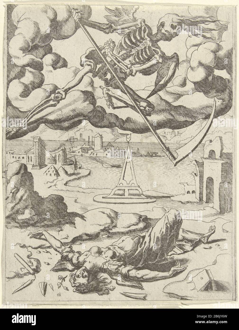 Der Tod überwindet Die Glaubenstriumphale von Petrarch (Serientitel) In den Wolken geflügelten Tod mit einer Schythe. Unter ihm, der auf dem Boden liegt, ist der Leichnam des Glaubens, zerbrochene Haarkerze. Der Tod ist stärker als der Glaube. Der Druck ist Teil einer sechsteiligen Serie über die Siegeszüge von Petrarca. Hersteller: Druckmaschine: Dirck Volckertsz. Coornhert (möglich) entworfen von Maarten van Heemskerck (möglich) Herstellung: Haarlem (möglich) Datum: 1532 - 1590 Physikalische Merkmale: Ätzmaterial: Papiertechnik: Ätzmaße: Blatt: B 179 mm x H 232 mmToelichtingDe Darstellung leitet sich von einem populären i ab Stockfoto