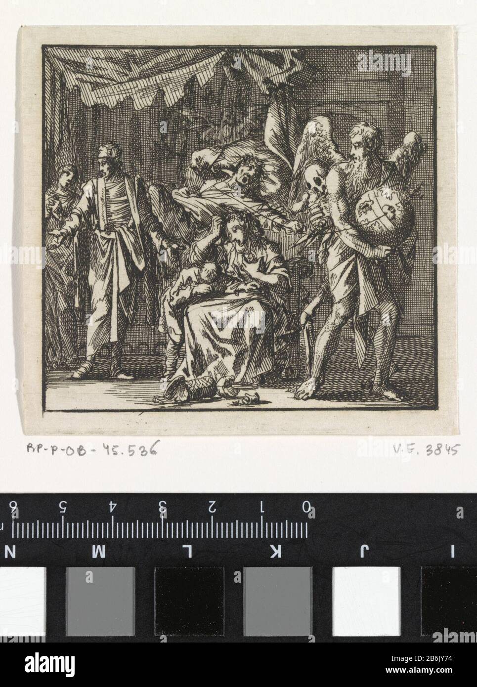 Der Tod steht kurz vor einem sterbenden Mann, um den Lebensfaden zu schneiden, der versucht, ihn, das Sterbebett, Vice RP-P-ob-45 536 Dood staat op het punt om de levensdraad van een stervende man door te knippen den Saum probeert tegen te houdenHet Sterf-bed, Van de Ondeugd Objekttyp: Prent boekillustriatie Objectnummer: RP-P-OB-45.536Catalogusreferentie: Van Eeghen 38451(2)Ommerking: Staat bepaald aan de Hand van aanwezige pränten in Rijksprenkabinet / Merkens: Cornelis Arendurt: Jan. 22zept Stockfoto