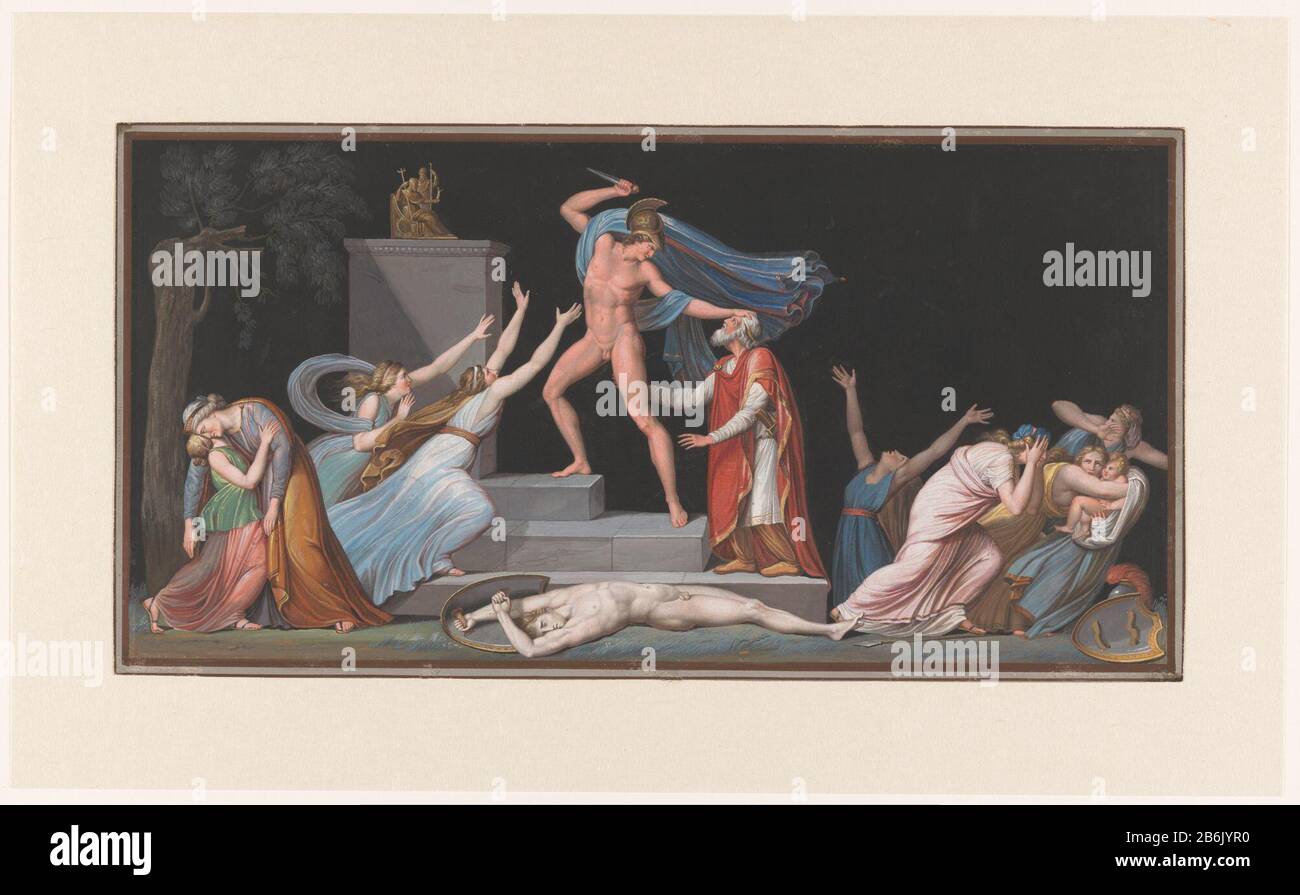 Dood van Garden Am Jupiter- und Dardanusaltar Neoptolemus, der den alten Priam töten wird. Zu seinen Füßen liegt der Körper seines Sohnes Polites, der gerade von Neoptolemus erschlagen worden war. Mehrere Frauen, die erschrocken aussehen. Links ist Hekabe in zwijm. Hersteller: Druckmaschine: Tompaso Piroli (unter Denkmalschutz) zum Zeichnen: Vinczo Camuccini (unter Denkmalschutz stehendes Gebäude) zum Ansehen: Antonio Canova (unter Denkmalschutz) Herstellung: Italien Datum: 1790-95 Physische Merkmale: Radierung, Hand mit Körperfarbe in anderem Farbmaterial befleckt: Gesamt: Papierveredelung Lacktechnik: Radierung / Handfarbenmaß Stockfoto
