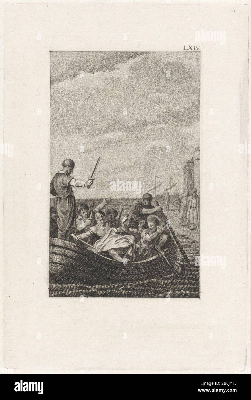 Der Tod Pompeius In dem Boot, das ihn an Land bringen würde, wird Pompeius von Septimius in den Rücken erstochen. Auch Salvius und Achilles ziehen ihren Dolch. Pompey ist machtlos und zieht sein Kleidungsstück über seinen Hoofd. Hersteller : Druckmaschine: Ludwig lieblich Portman Herstellung: Amsterdam Datum: 1800 Physikalische Eigenschaften: Stippelette und Ätzmaterial: Papiertechnik: Stippelette / Ätzmaße: Plattenkante: H 199 mm × W 133 mmToelichtingIllustratie von: Stuart, Martinus. Römische Historien, Abschnitt XVII, S. 454. Amsterdam: Johannes Allart, 1800. Betrifft: Tod oder Pompeius: Nach lea seine Galeere, Stockfoto