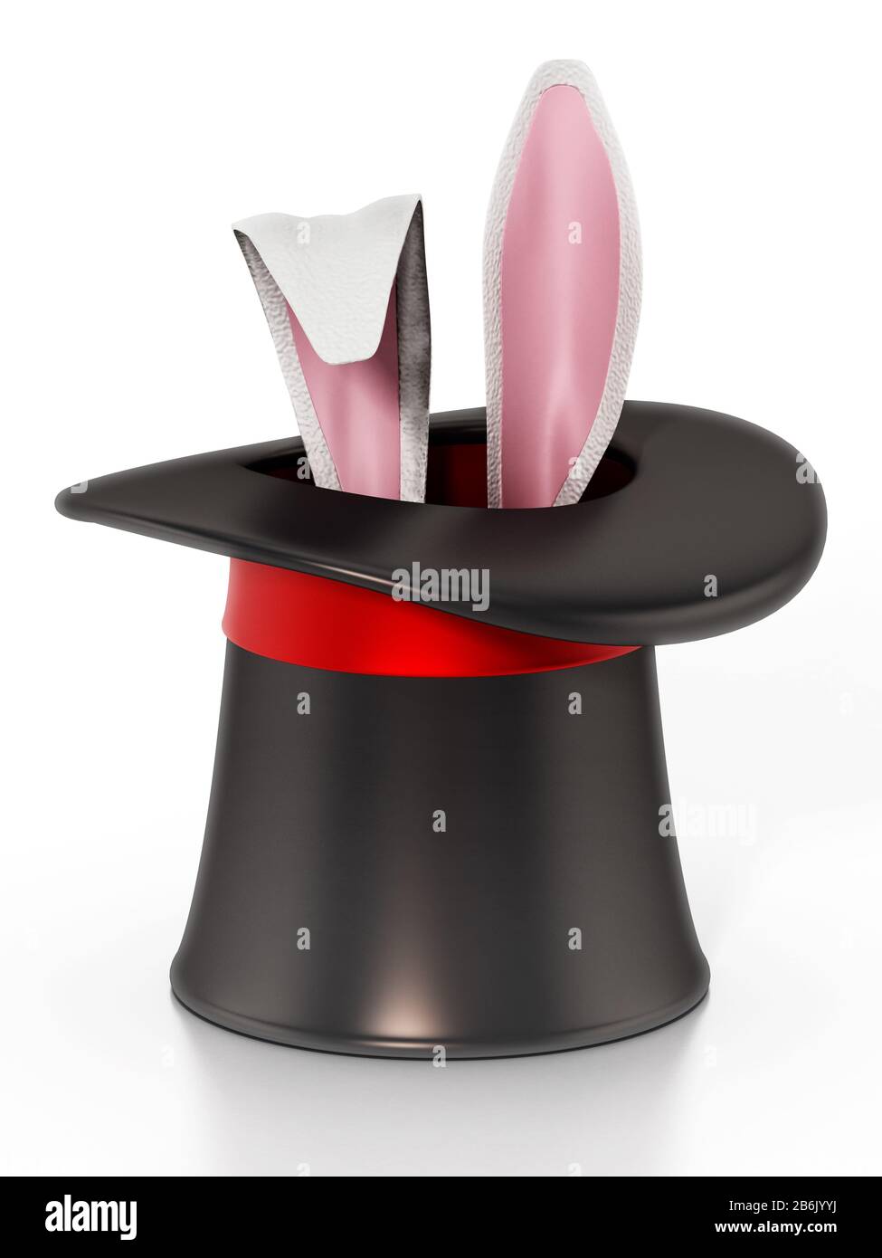 Illusionistischer Hut und Kaninchenohren isoliert auf weißem Hintergrund. 3D-Abbildung. Stockfoto