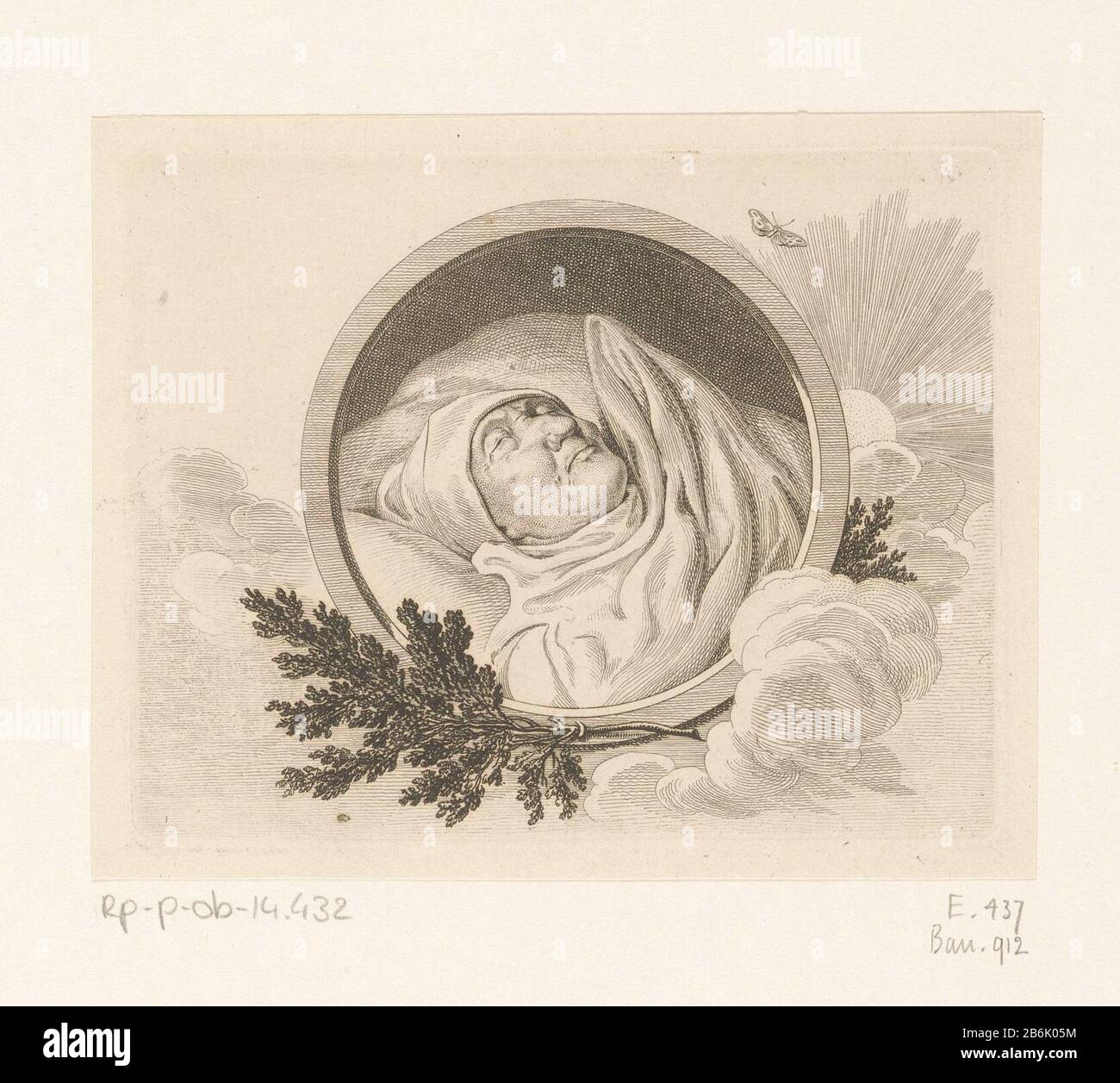 Doodsportret van Jean Barez Todesporträt von Jean Barez Objektart : Bild Artikelnummer: RP-P-ob-14.432Catalogusreferentie Bauer 912Engelmann 437 Aufschriften / Marken: Sammlermarke, Verso, gestempelt: Lugt 2228 Hersteller : Druckerhersteller Daniel Nikolaus Chodowie: CkiPlaats Ätztechnik: Berlin Rand: 1782-85Maße: Papier: Abmessungen: Abmessungen: Material H 96 mm × W 121 mmToelichtingLtere dieser Druckbedingung verwendet für: Kars Chin, Anna Luisa. Beym Heiligen Über Reste des Seeligen Greises Barez (...). Berlin: George Winters Witzwe Ludewig, 178823. Jean Barez war der Vater von Daniel N Stockfoto