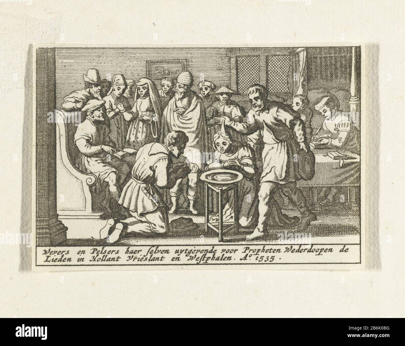 Taufe der Täufer, 1535 Aufstand der Täufer in Amsterdam 1534-1535 (Serientitel) Versammlung der Täufer in einem Haus in Amsterdam, Wo: Wird bei der Wiedertaufe verwendet, 1535. Mit zweizeiligen onderschrift. Hersteller: Druckerhersteller Pieter Hendricksz. Schut Zu drucken von: Anonym zum Malen: Barend Dirckszuitgever: Claes Jansz. Visscher (II) Ort Herstellung: Nordholländer Datum: 1629 - 1652 Physikalische Merkmale: Ätzmaterial: Papiertechnik: Ätzmaße: Papier: H 67 mm × W 98 mmToelichtingDeze die Drucke basieren auf dem ursprünglich anonymen engras in der Erstausgabe L. Hor Stockfoto