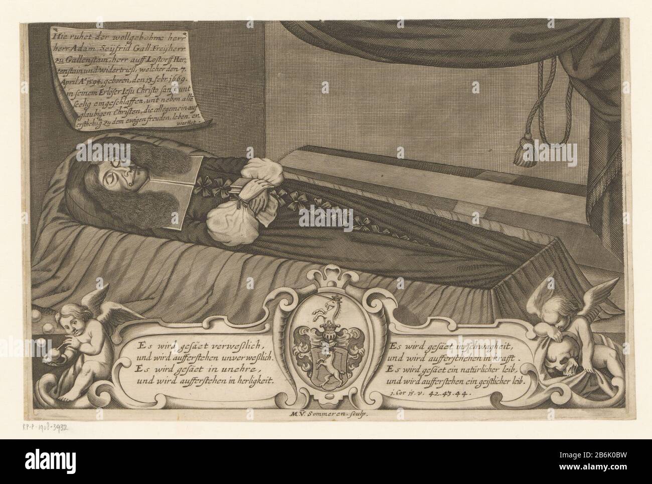 Doodsportret van Adam Seyfried Gall of Gallstone Adam Seyfried Gall von Gallenstein opgebaard in een doodskist. The Hotel is loced for a cartouche and the centre of the centre. Hersteller: Pretmaker: Matthias van Sommer (vermeld op object)Plaats Herstellung: Duitsland dating: 1669 - 1672 Material: Papier Techniek: Graveren (Drukproceduré) / etsen Abmessungen: Blad: H 192 mm (binnen plaatrand afgesneden) × b 292 mm (binnen plaatrand afgesneden) Subject: Homo buliz oder blähende Kinder  Stockfoto
