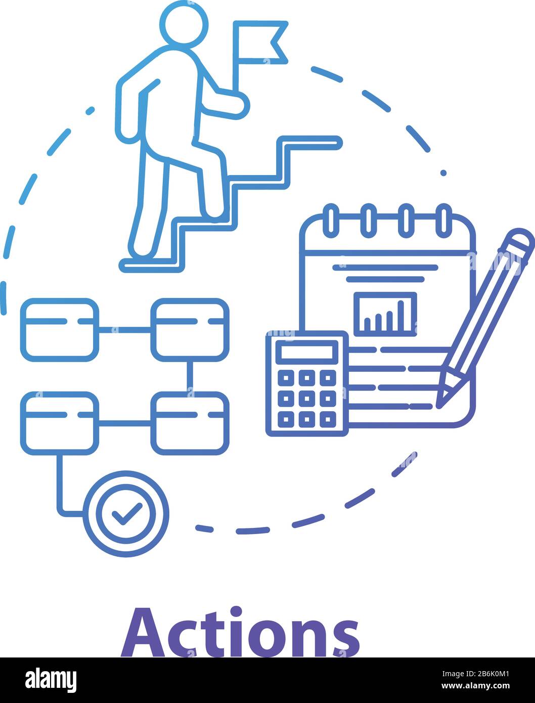 Symbol "Actions Concept". Implementierung des Betriebs. Aufstiegsleiter. Erfolgschancen. Business Management Idea Thin Line Illustration Stock Vektor